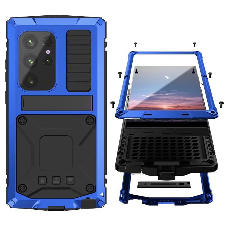 Simicoo Simicoo Samsung S24 Plus Metal Bumper Silicone Case with Stand and Screen Protector Rugged Heavy Duty Outdoor Protection Blue