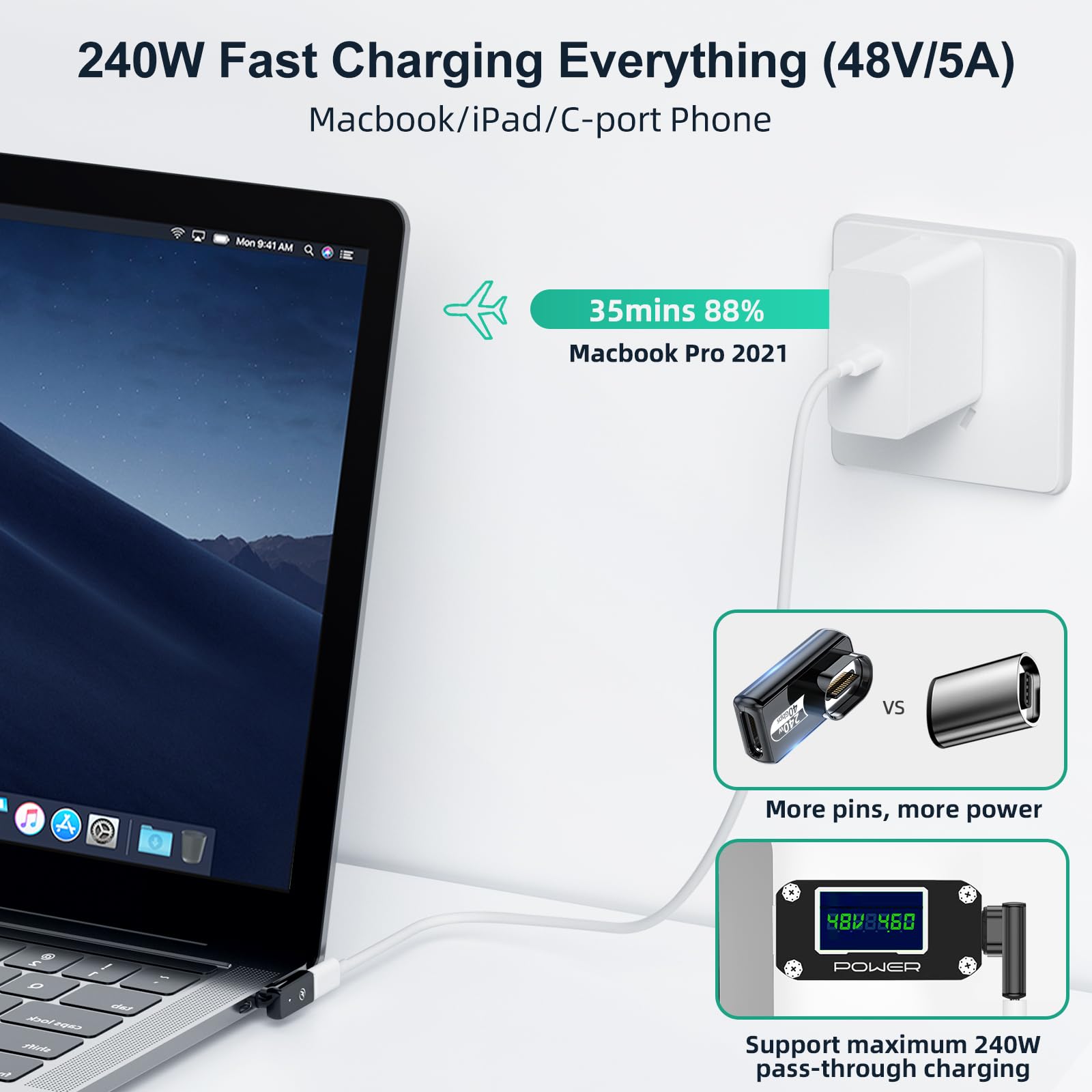 HanCenDa HanCenDa 240W Magnetic USB C Adapter 2Pack 24PIN Supports 40Gbps Data Transfer and 8K 60Hz Video for MacBook Pro Air iPhone 15 - View 5 of 7