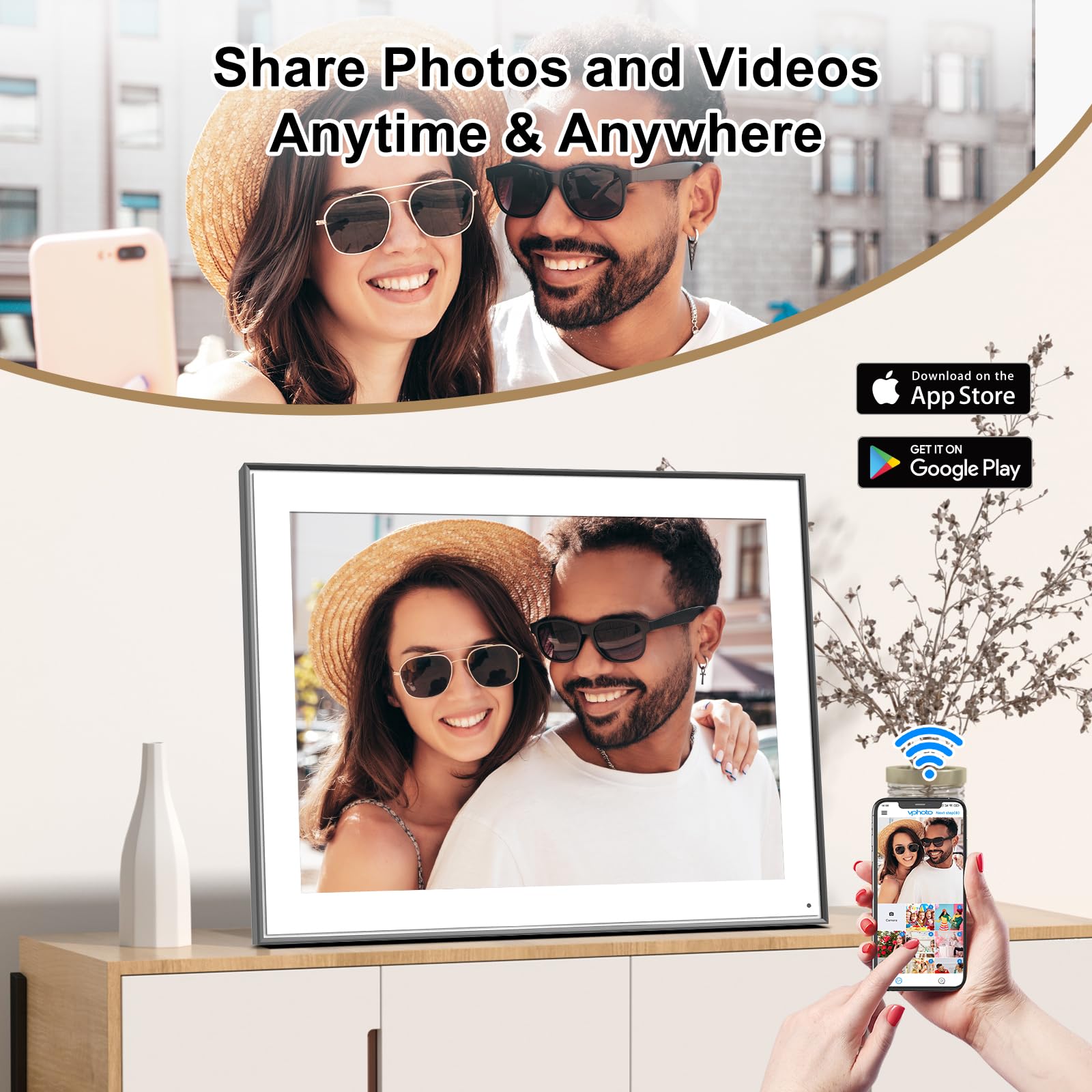 PWOSUN Large WiFi Digital Picture Frame 32GB Wall Mounted with Light Sensor Instant Photo Sharing Unlimited Cloud Storage Perfect Father's Day Gift - View 2 of 8