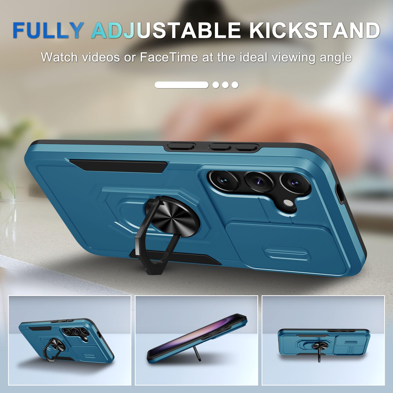 Janmitta Janmitta Heavy Duty Case for Samsung Galaxy S24 S25 with Slide Camera Lens Cover Screen Protector and Ring Holder in Blue 2025 - View 2 of 8