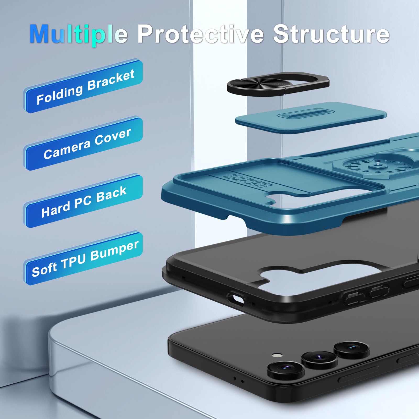 Janmitta Janmitta Heavy Duty Case for Samsung Galaxy S24 S25 with Slide Camera Lens Cover Screen Protector and Ring Holder in Blue 2025 - View 3 of 8