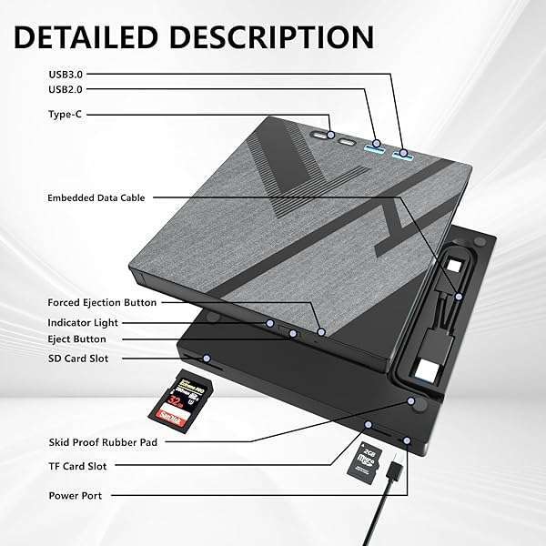 Wbacon 7-in-1 USB 3.0 Type-C External Blu-ray/DVD Drive Burner for PC & Mac - Supports 100G Disc R/W - View 8 of 9
