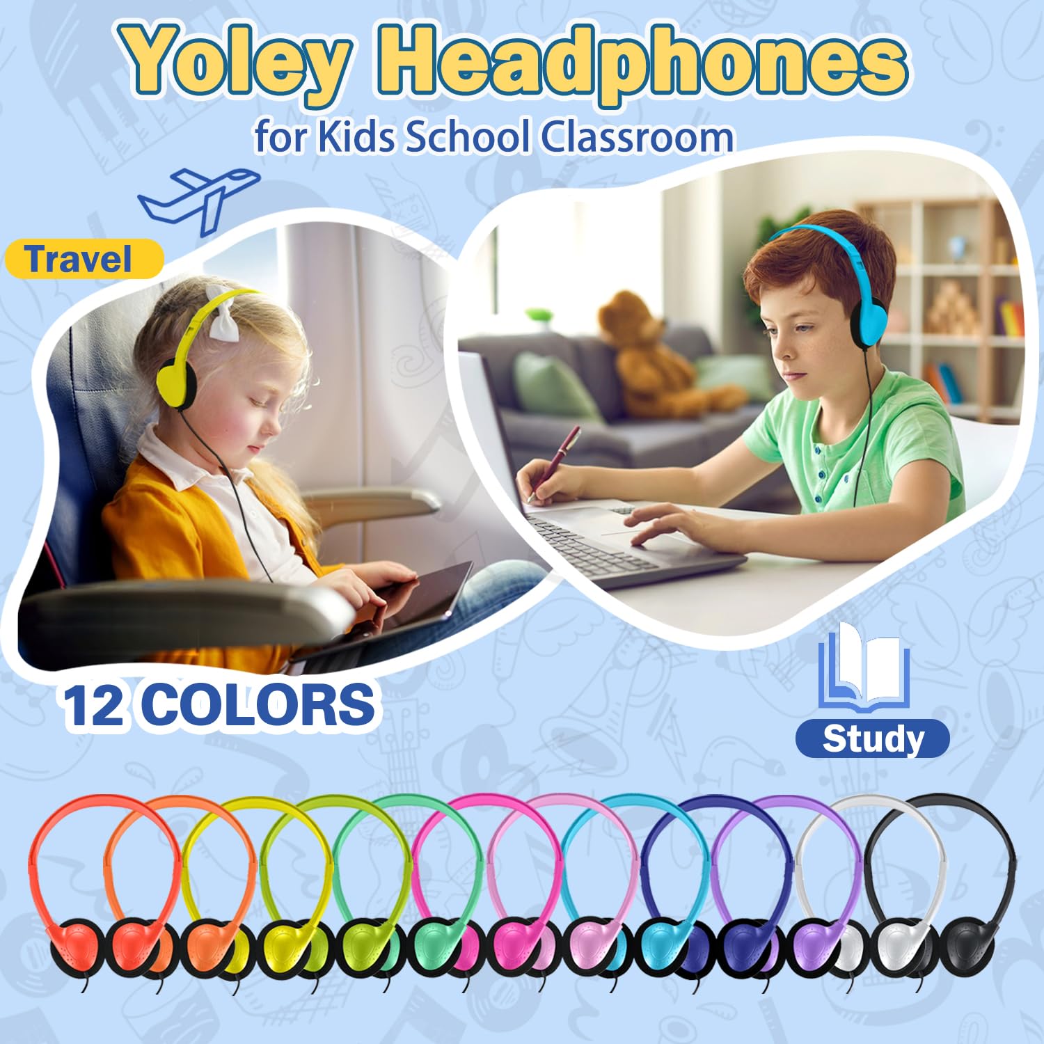 Yoley Kids Headphones Bulk 18 Pack Multi Colored On-Ear Corded Headphones for School Classroom Libraries Individually Bagged 12 Colors - View 2 of 7