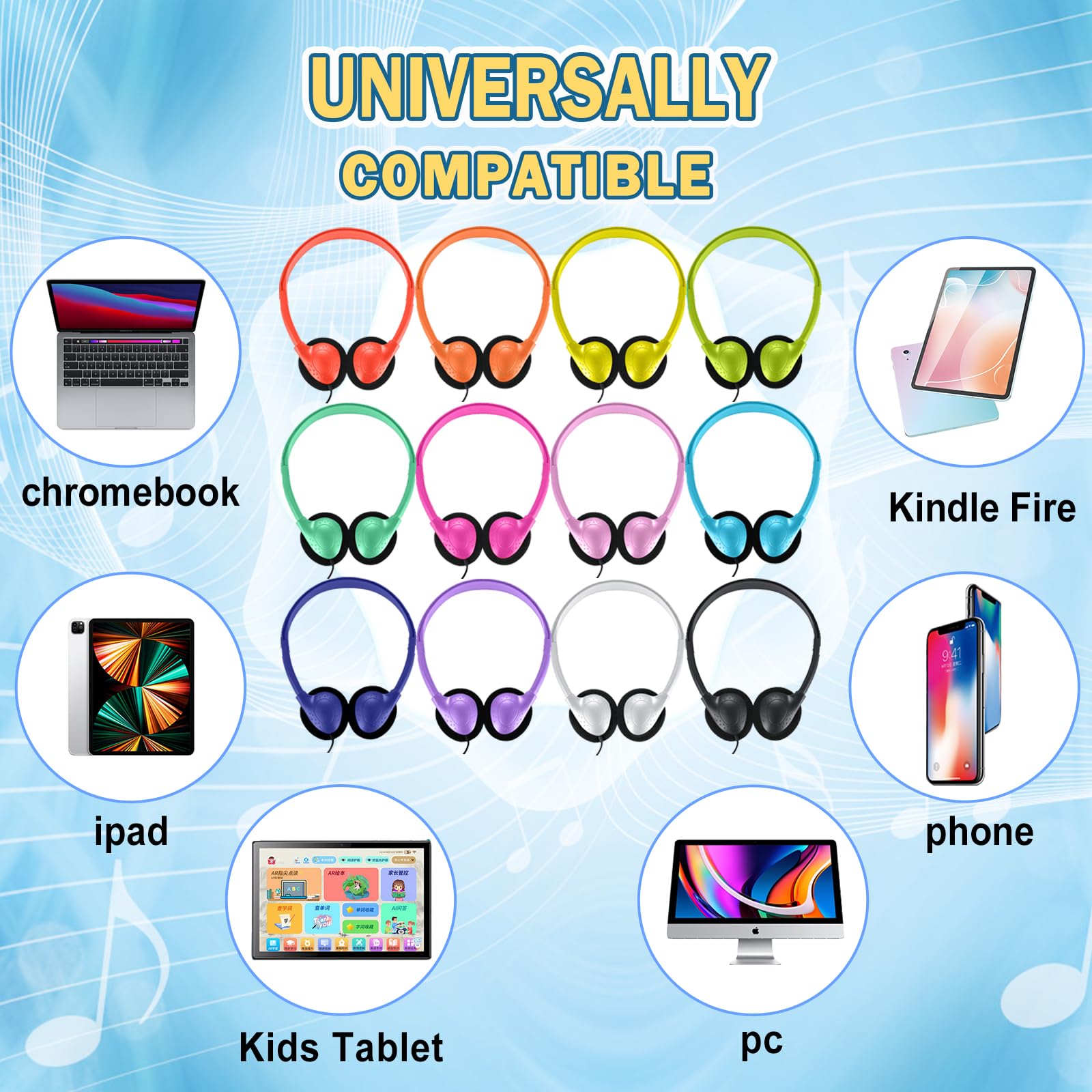 Yoley Kids Headphones Bulk 18 Pack Multi Colored On-Ear Corded Headphones for School Classroom Libraries Individually Bagged 12 Colors - View 4 of 7