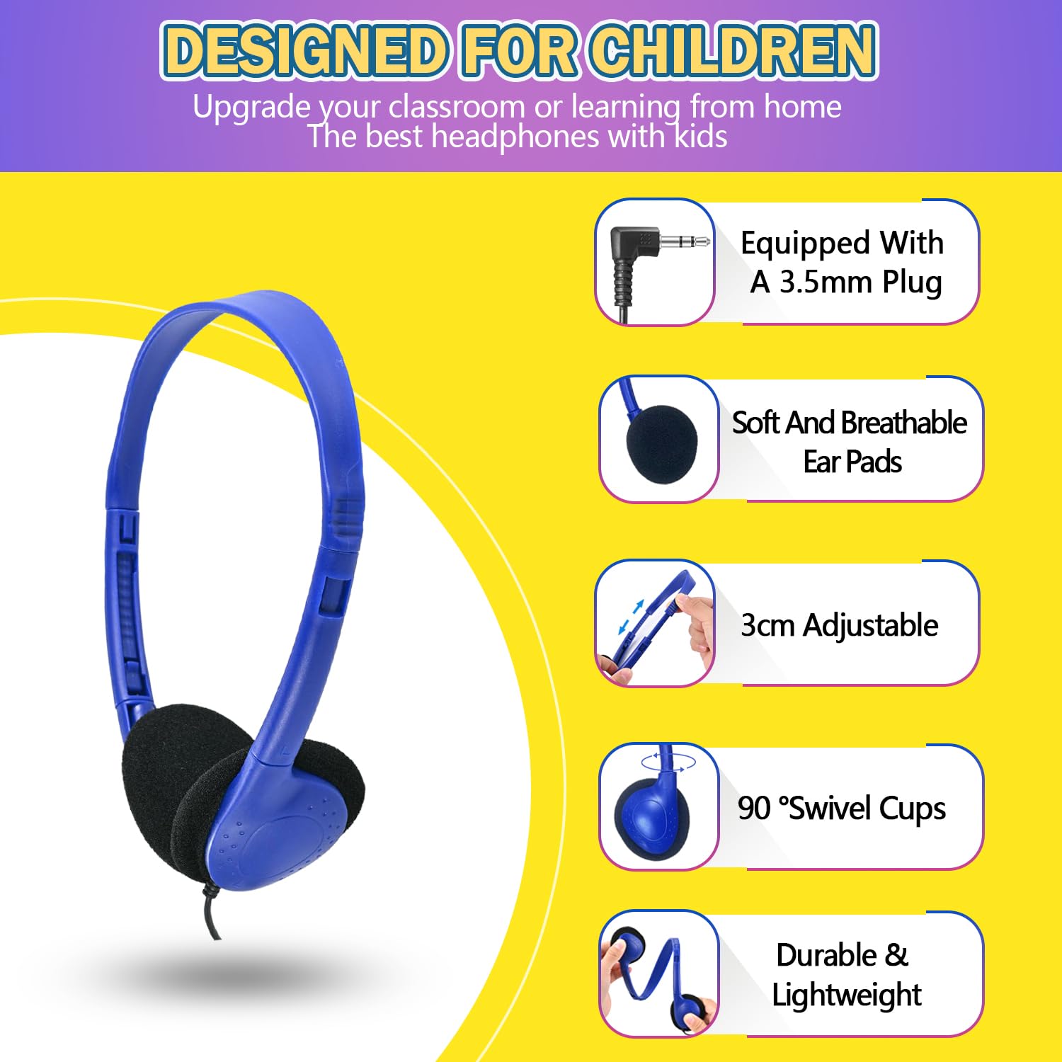Yoley Kids Headphones Bulk 18 Pack Multi Colored On-Ear Corded Headphones for School Classroom Libraries Individually Bagged 12 Colors - View 6 of 7