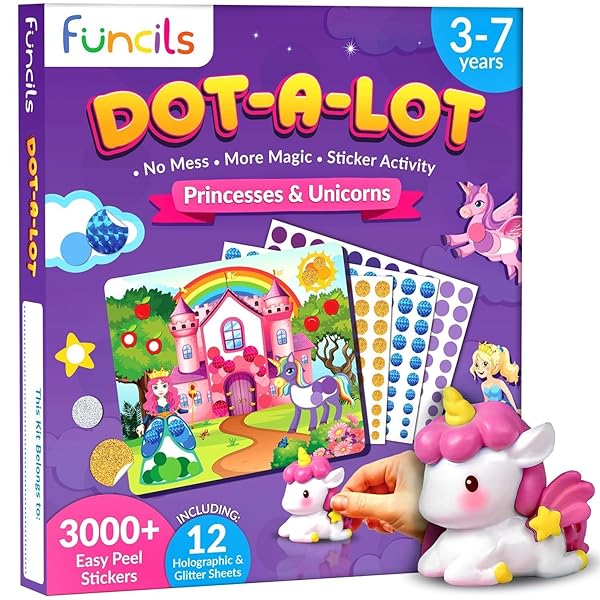 Funcils Funcils Dot Art Activity Unicorn and Princess Sticker Kit Toddler Art Supplies Birthday Gifts for Kids Ages 3 to 7 Travel Toys