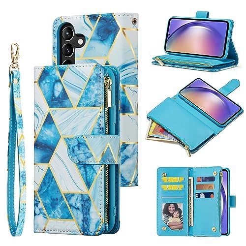UEEBAI UEEBAI Marble Blue Wallet Case for Samsung Galaxy S24 Plus 5G PU Leather Magnetic Closure Handbag with Zipper Pocket and Card Slots