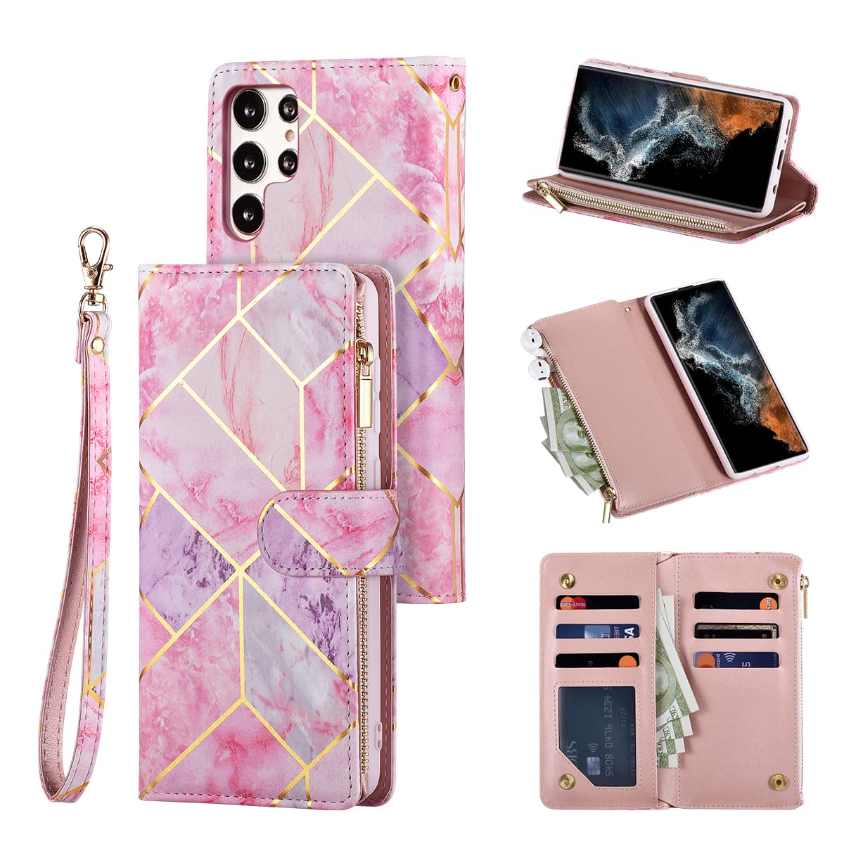 UEEBAI UEEBAI Wallet Case for Samsung Galaxy S24 Plus 5G PU Leather Magnetic Closure Handbag Zipper Pocket Kickstand Card Slots Pink Purple - View 2 of 9