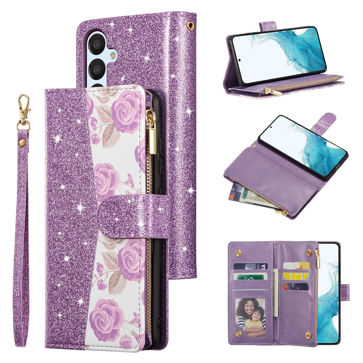 UEEBAI UEEBAI Wallet Case for Samsung Galaxy S24 Plus 5G PU Leather Magnetic Closure Handbag Zipper Pocket Kickstand Card Slots Pink Purple - View 3 of 9