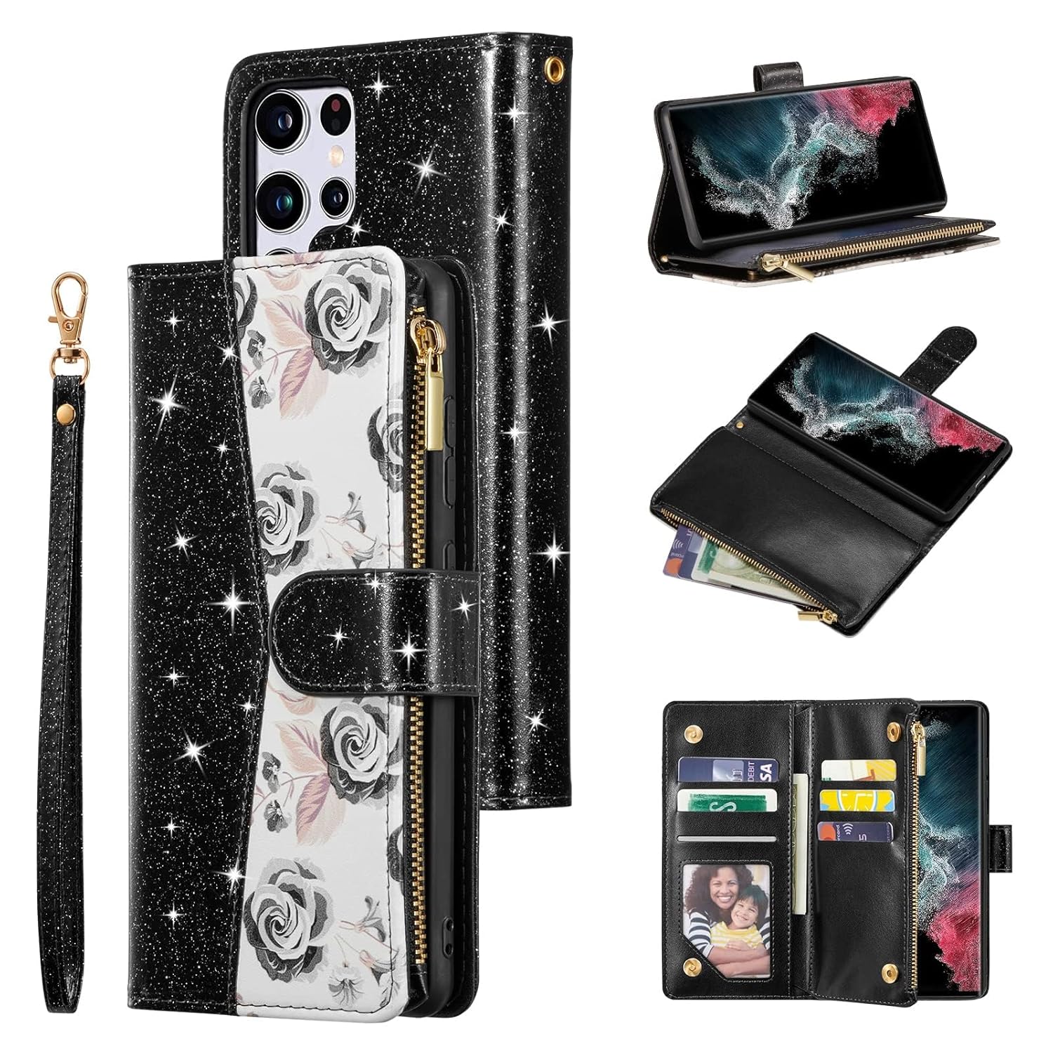 UEEBAI UEEBAI Wallet Case for Samsung Galaxy S24 Plus 5G PU Leather Magnetic Closure Handbag Zipper Pocket Kickstand Card Slots Pink Purple - View 4 of 9