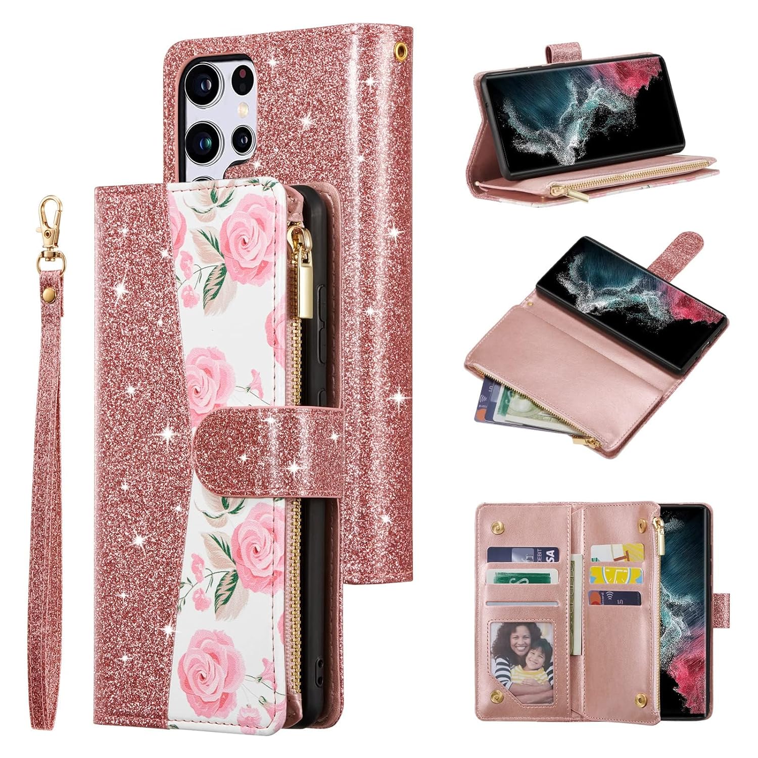 UEEBAI UEEBAI Wallet Case for Samsung Galaxy S24 Plus 5G PU Leather Magnetic Closure Handbag Zipper Pocket Kickstand Card Slots Pink Purple - View 7 of 9