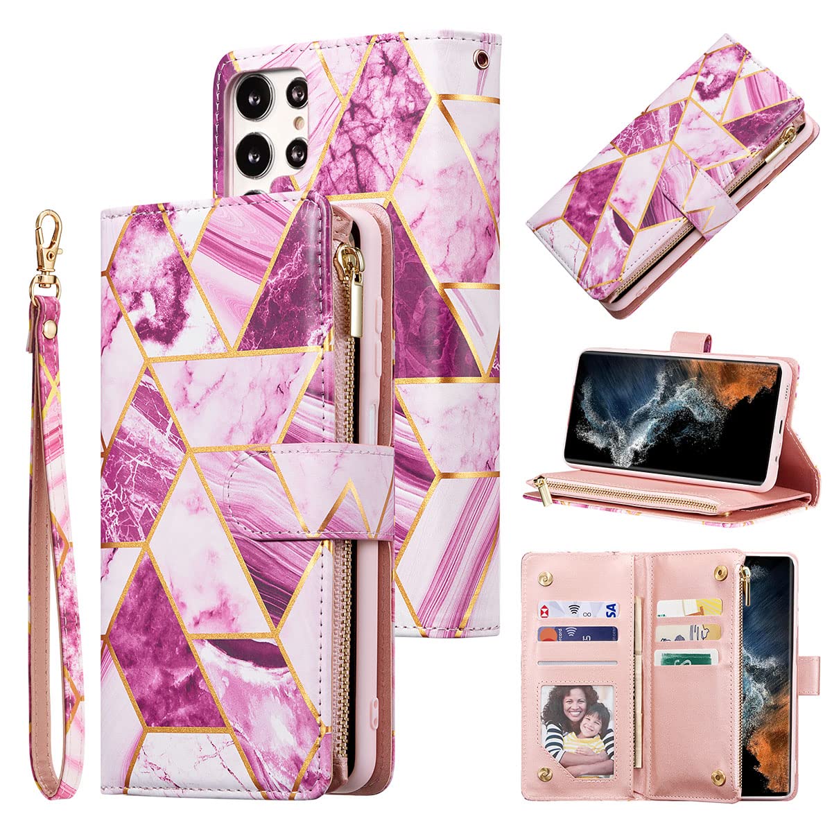 UEEBAI UEEBAI Wallet Case for Samsung Galaxy S24 Plus 5G PU Leather Magnetic Closure Handbag Zipper Pocket Kickstand Card Slots Pink Purple