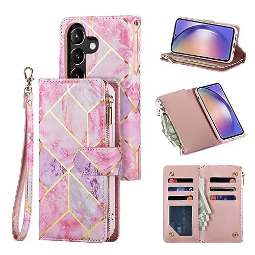 UEEBAI UEEBAI Pink Purple Wallet Case for Samsung Galaxy S24 5G PU Leather Magnetic Closure Handbag with Zipper Pocket and Card Slots