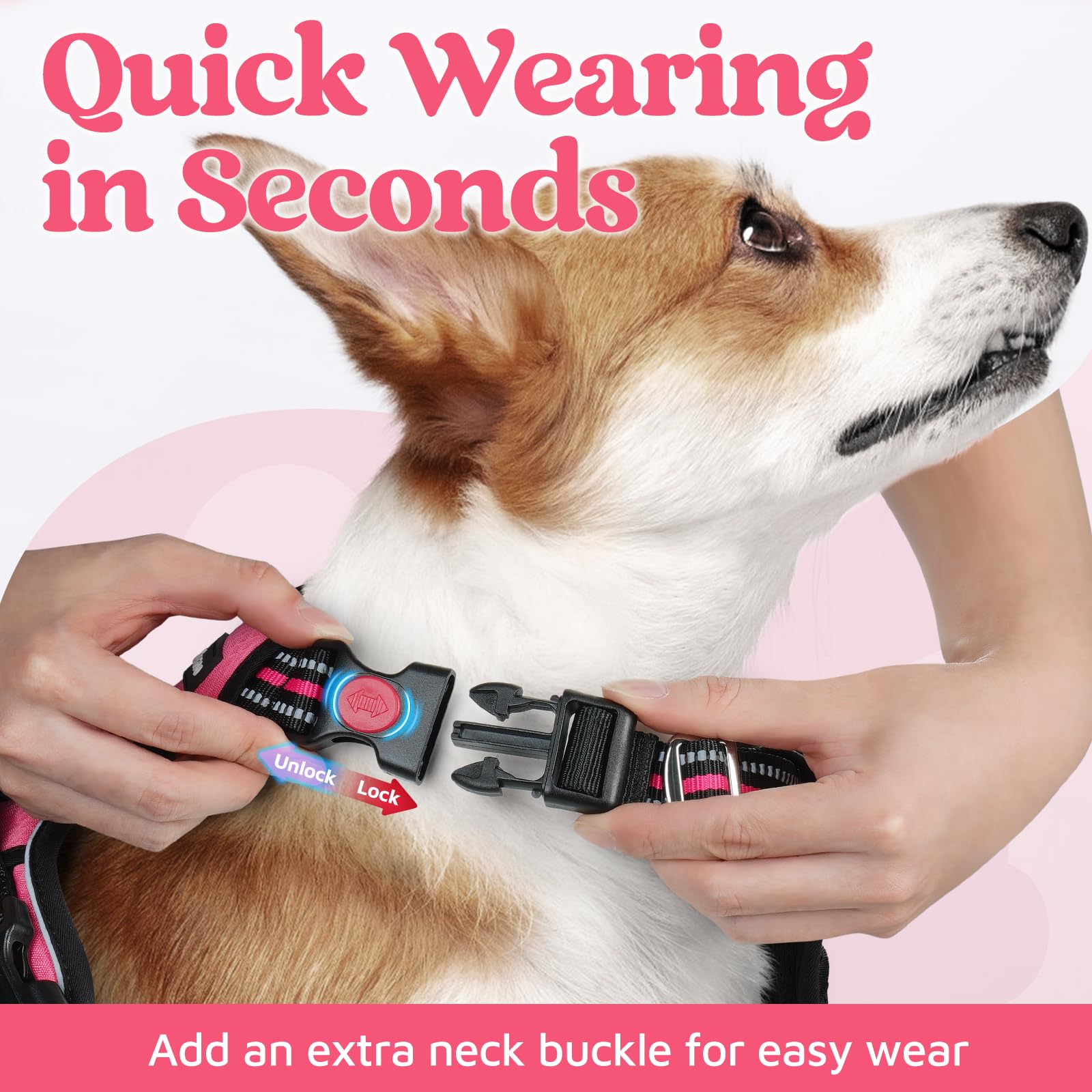 rabbitgoo Rabbitgoo Medium Dog Harness No Pull Adjustable Soft Padded Vest with 3 Buckles Easy Control Handle and Reflective Strips Pink M - View 2 of 8