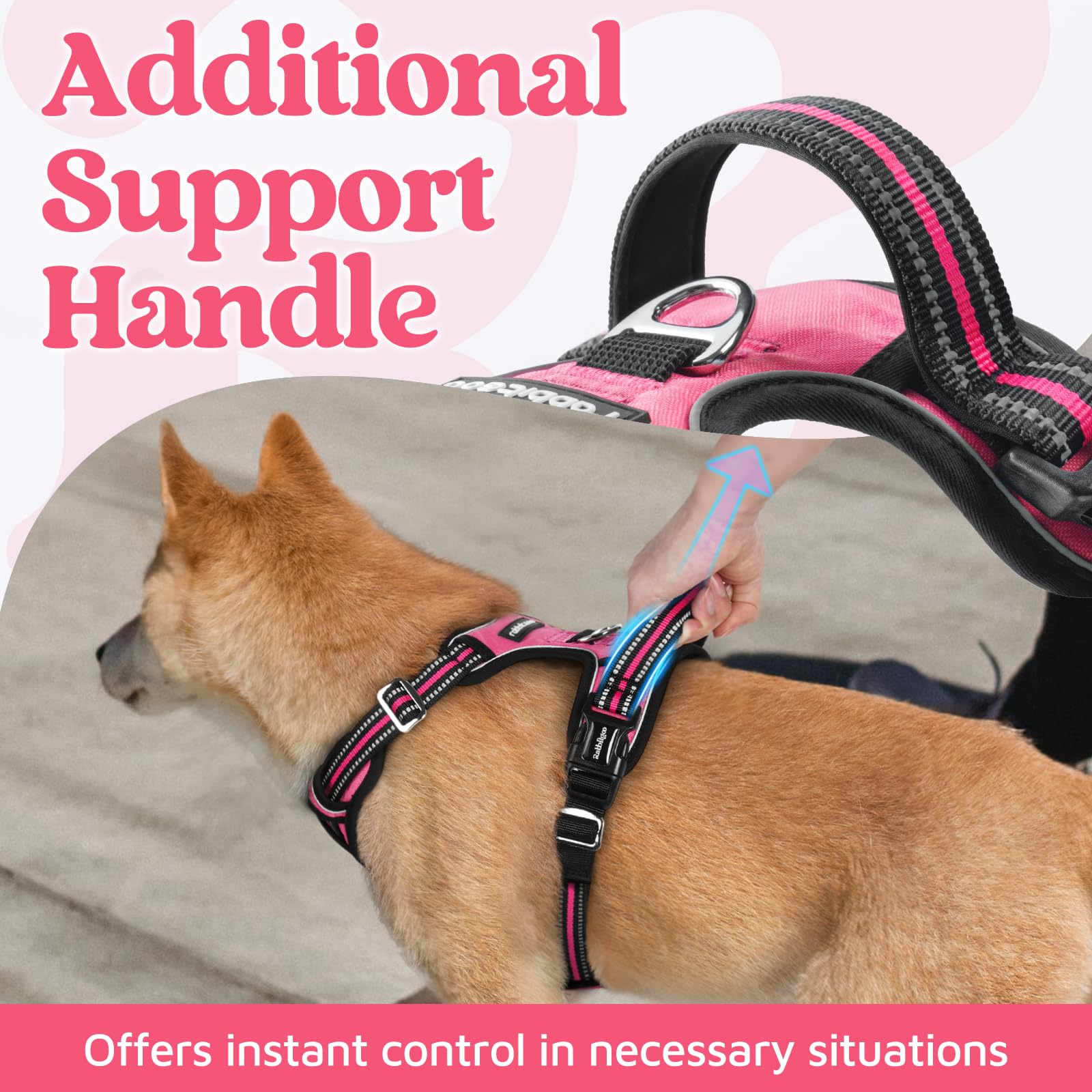 rabbitgoo Rabbitgoo Medium Dog Harness No Pull Adjustable Soft Padded Vest with 3 Buckles Easy Control Handle and Reflective Strips Pink M - View 4 of 8