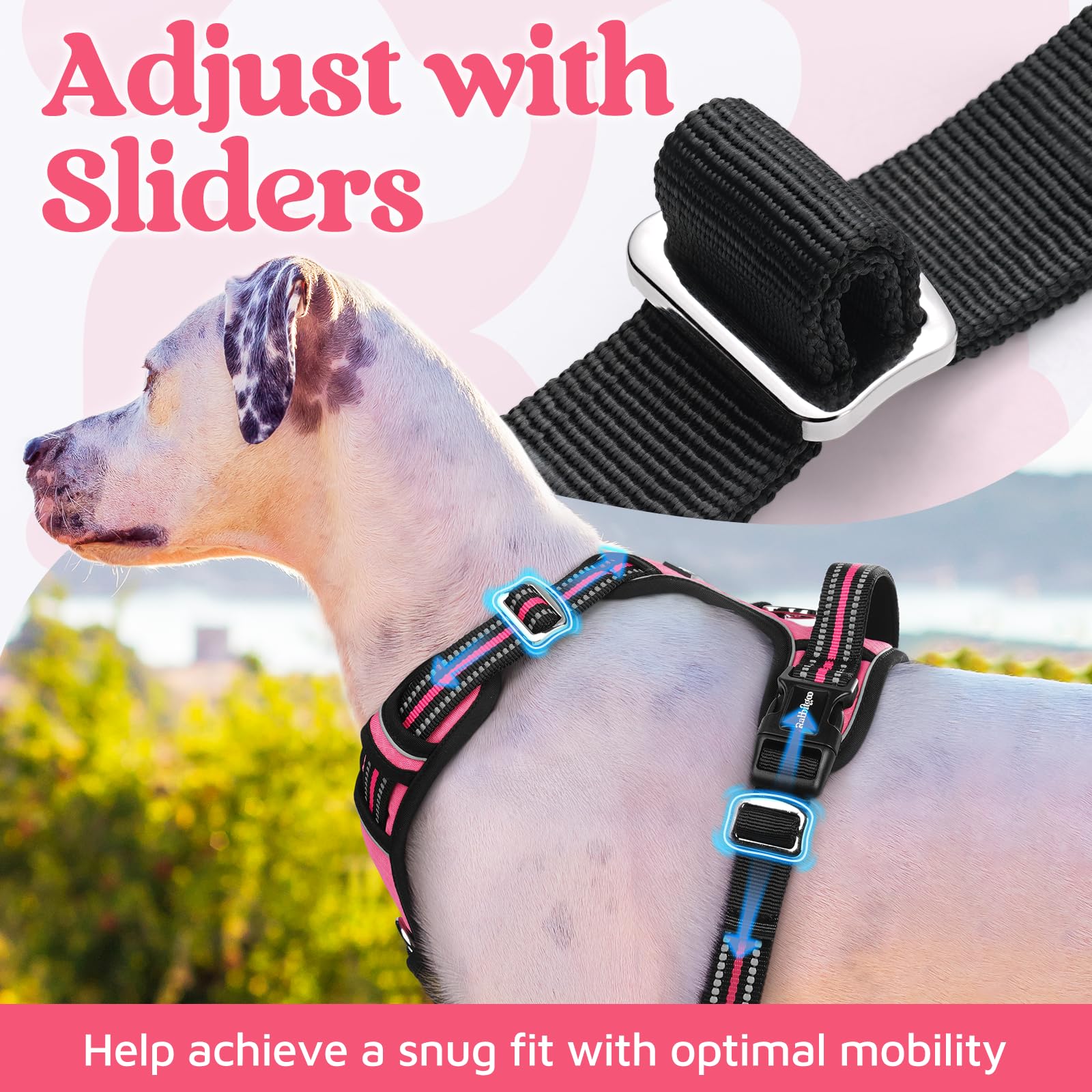 rabbitgoo Rabbitgoo Medium Dog Harness No Pull Adjustable Soft Padded Vest with 3 Buckles Easy Control Handle and Reflective Strips Pink M - View 5 of 8