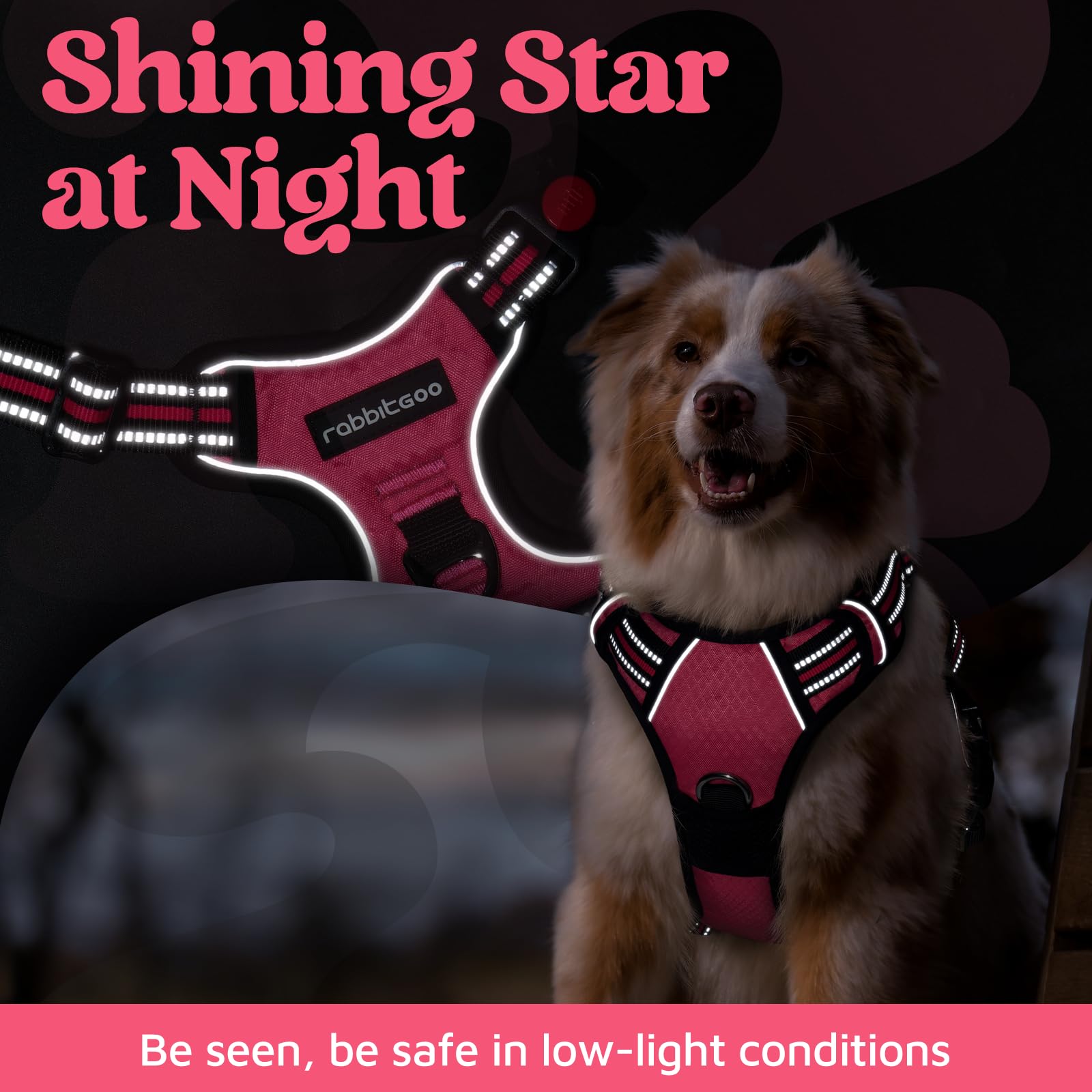 rabbitgoo Rabbitgoo Medium Dog Harness No Pull Adjustable Soft Padded Vest with 3 Buckles Easy Control Handle and Reflective Strips Pink M - View 6 of 8