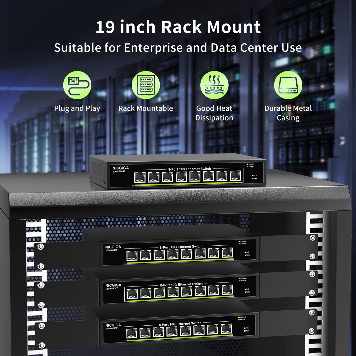 NICGIGA NICGIGA 8 Port 10G Ethernet Switch Unmanaged with 8X 10Gb Base-T Ports for 10G NAS PC WiFi7 Router Desktop or Rack Mount Plug and Play - View 4 of 7