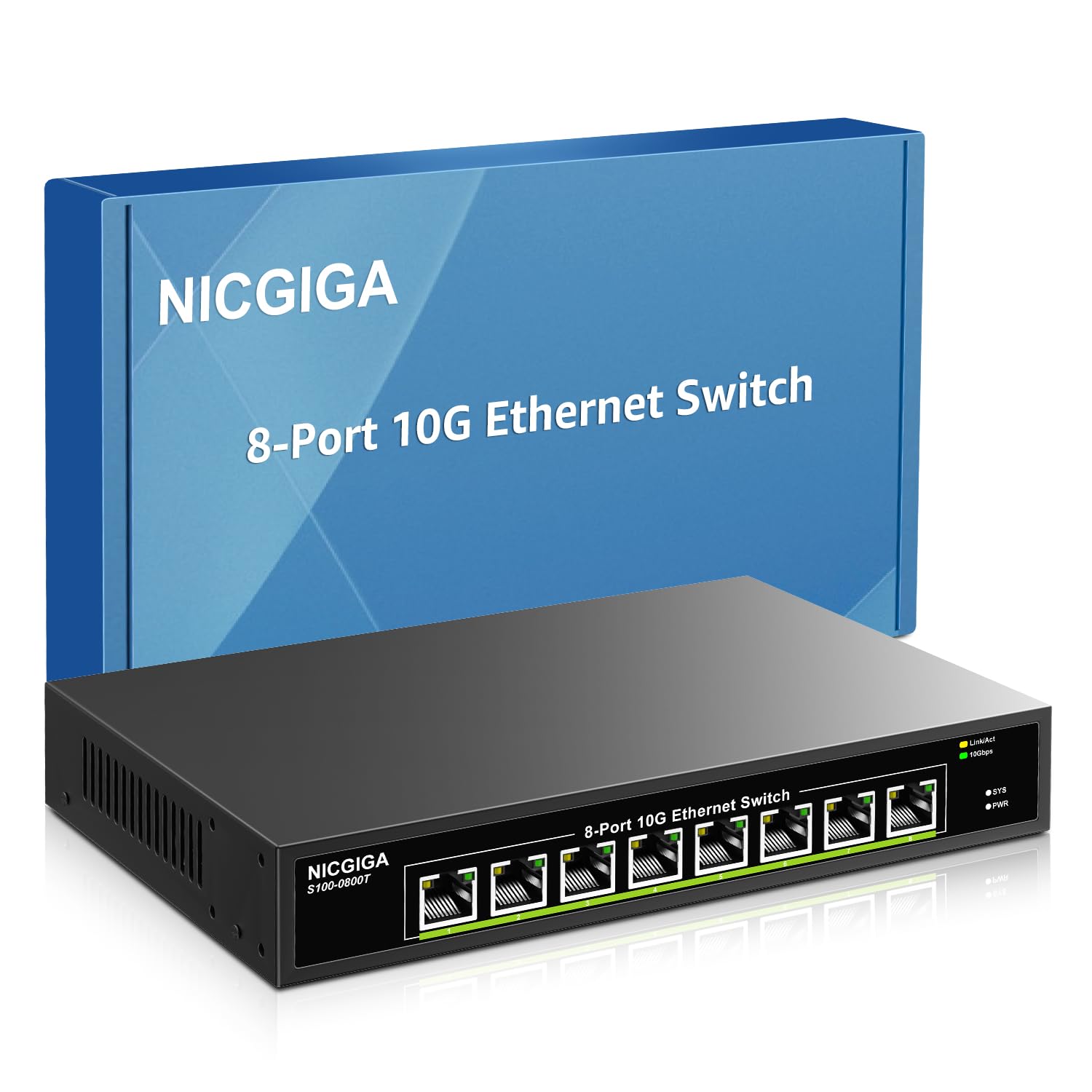 NICGIGA NICGIGA 8 Port 10G Ethernet Switch Unmanaged with 8X 10Gb Base-T Ports for 10G NAS PC WiFi7 Router Desktop or Rack Mount Plug and Play