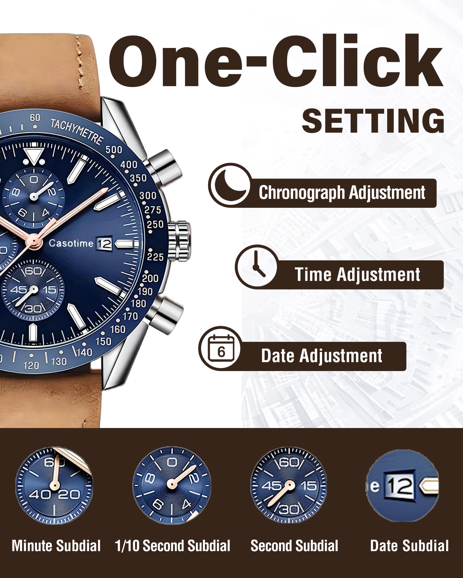 Casotime Casotime Men's Leather Chronograph Watch Waterproof Big Face Casual Sport Dress Elegant Gift - View 3 of 8