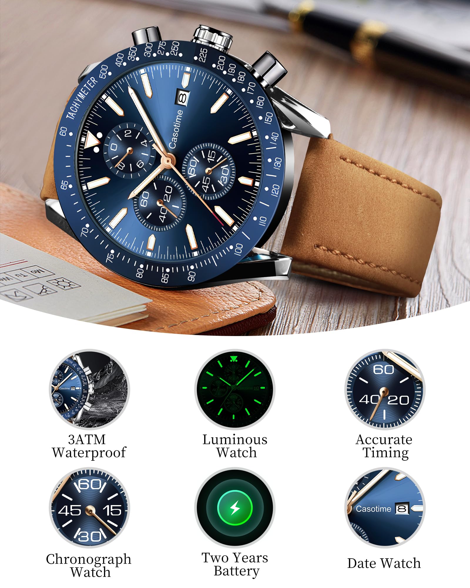 Casotime Casotime Men's Leather Chronograph Watch Waterproof Big Face Casual Sport Dress Elegant Gift - View 4 of 8