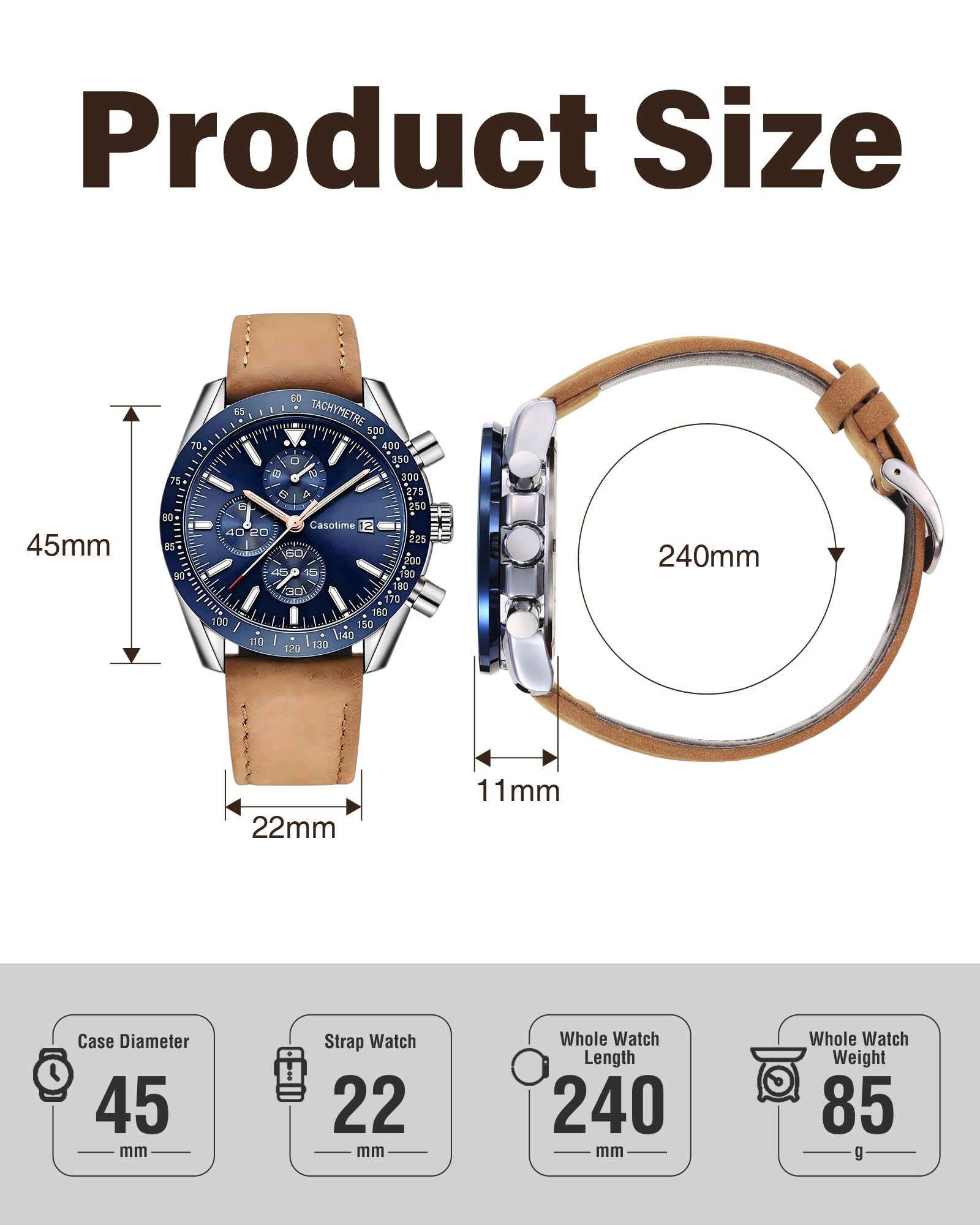 Casotime Casotime Men's Leather Chronograph Watch Waterproof Big Face Casual Sport Dress Elegant Gift - View 5 of 8