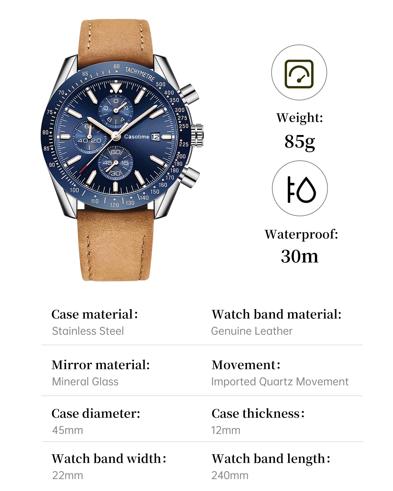 Casotime Casotime Men's Leather Chronograph Watch Waterproof Big Face Casual Sport Dress Elegant Gift - View 8 of 8