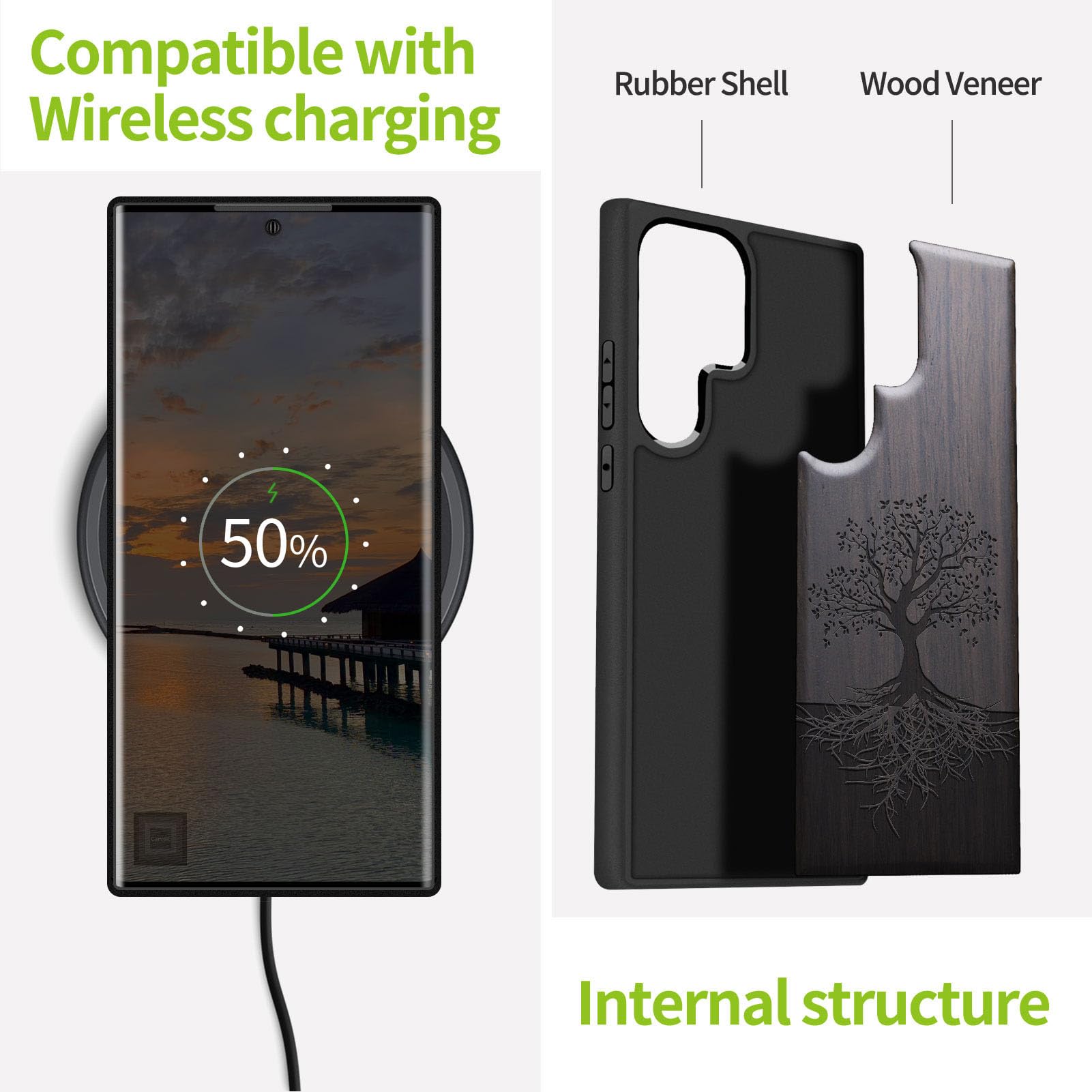 Carveit Carveit Wood Case for Galaxy S24 Ultra 2024 Natural Wood and Black Soft TPU Shockproof Protective Cover Compatible with Samsung S24 Ultra - View 4 of 7