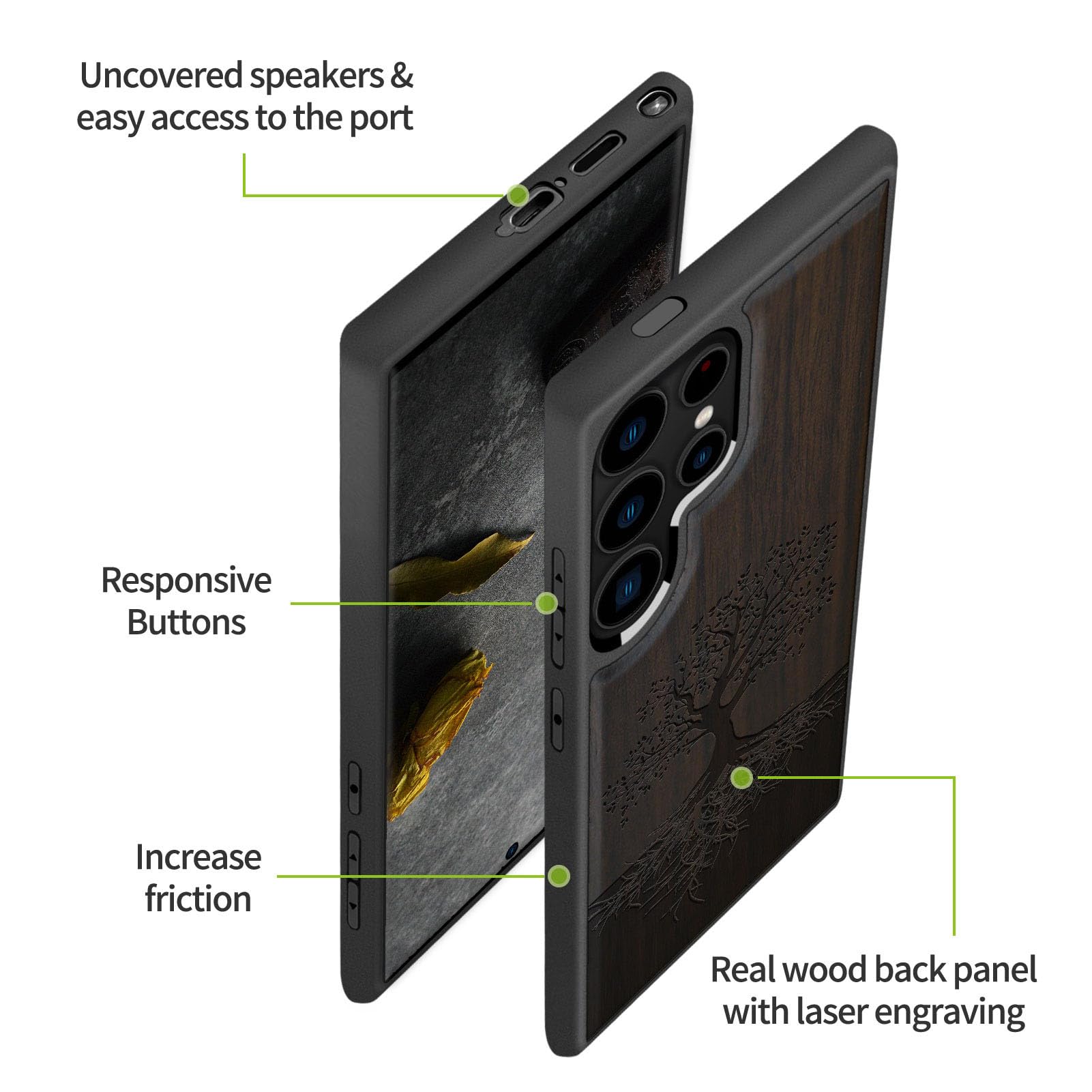Carveit Carveit Wood Case for Galaxy S24 Ultra 2024 Natural Wood and Black Soft TPU Shockproof Protective Cover Compatible with Samsung S24 Ultra - View 6 of 7