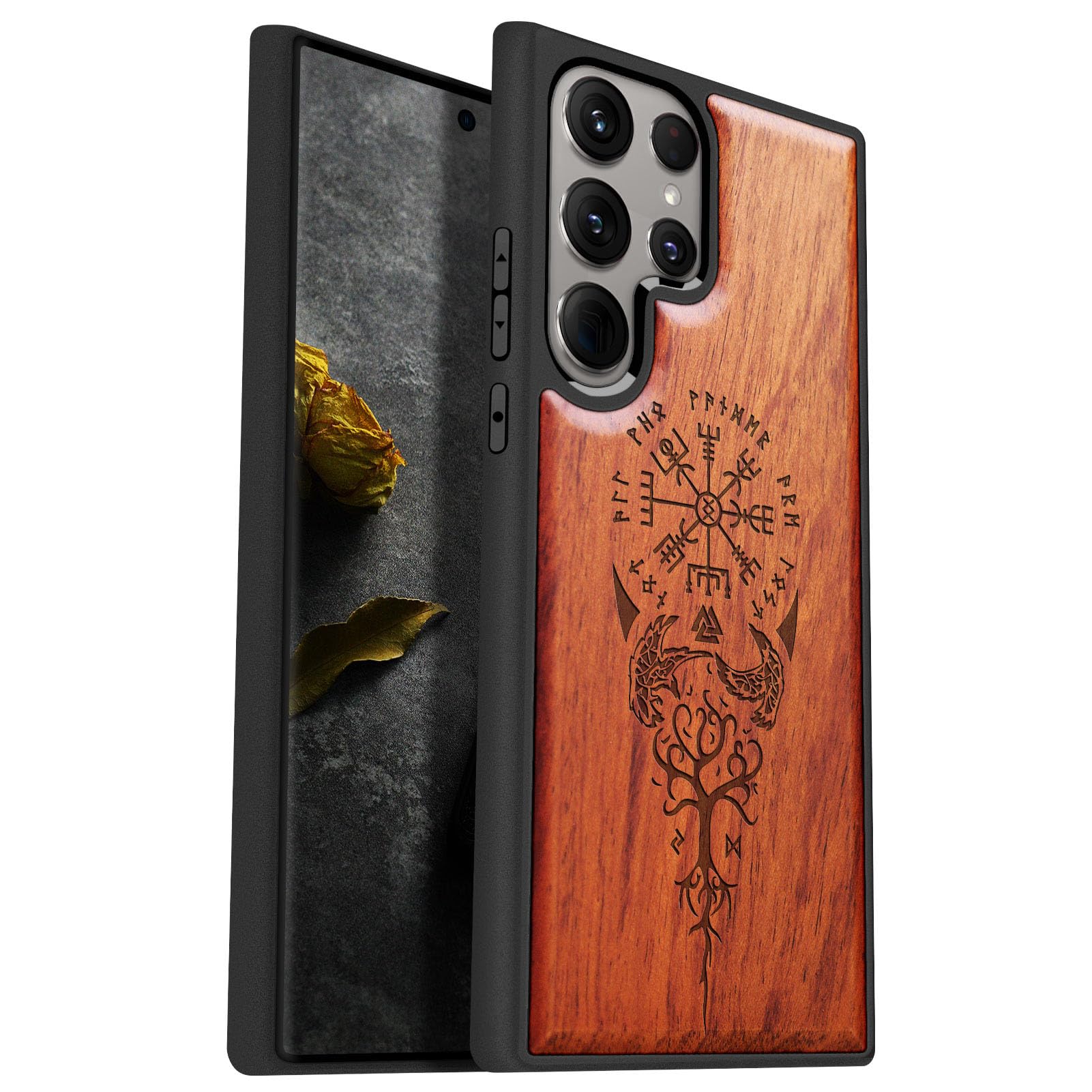 Carveit Wood Case for Galaxy S24 Ultra 2024 Natural Wood and Black Soft TPU Shockproof Protective Cover Unique Viking Compass Design