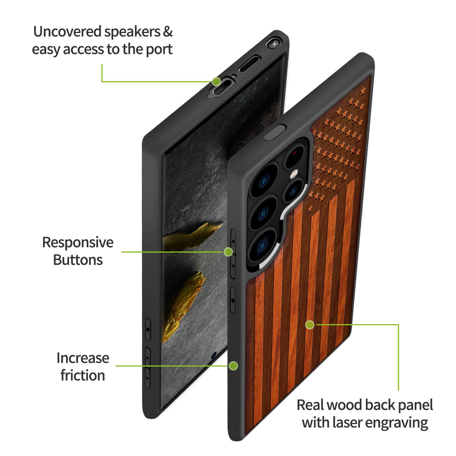 Carveit Carveit Wood Case for Galaxy S24 Ultra 2024 Natural Wood and Black Soft TPU Shockproof Protective Cover Compatible with Samsung S24 Ultra - View 6 of 7