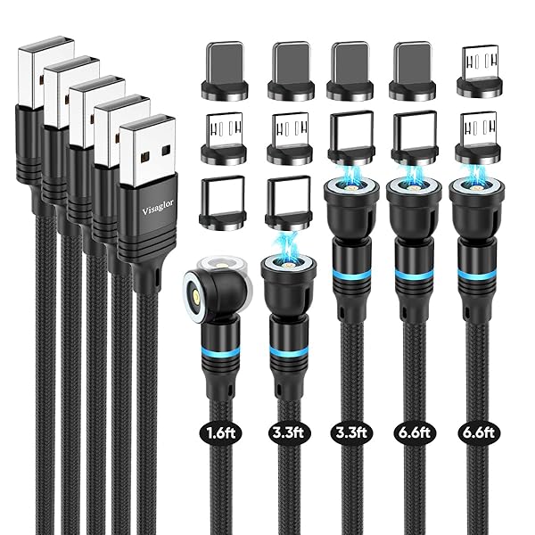 VISAGLOR VISAGLOR Magnetic Charging Cable 5-Pack Rotating USB Cords Nylon Braided for Type C Micro USB iProduct 1.6 to 6.6FT Lengths