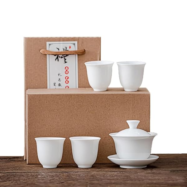 Liang baobao Liang Baobao Gaiwan with 4 White Porcelain Cups Chinese Gongfu Tea Set for Authentic Tea Experience