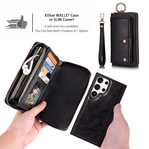 LITOU LITOU Samsung Galaxy S24 Ultra Wallet Case for Men and Women Magnetic Detachable Wristlet Clutch Zipper Leather Flip Case Black - View 5 of 10