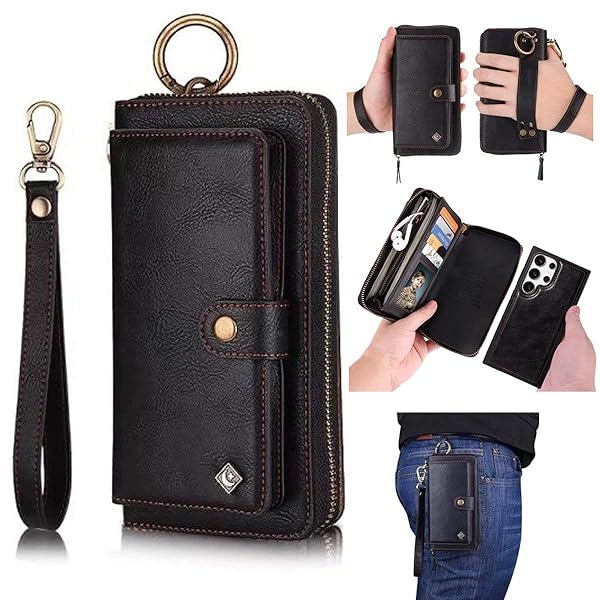LITOU LITOU Samsung Galaxy S24 Ultra Wallet Case for Men and Women Magnetic Detachable Wristlet Clutch Zipper Leather Flip Case Black