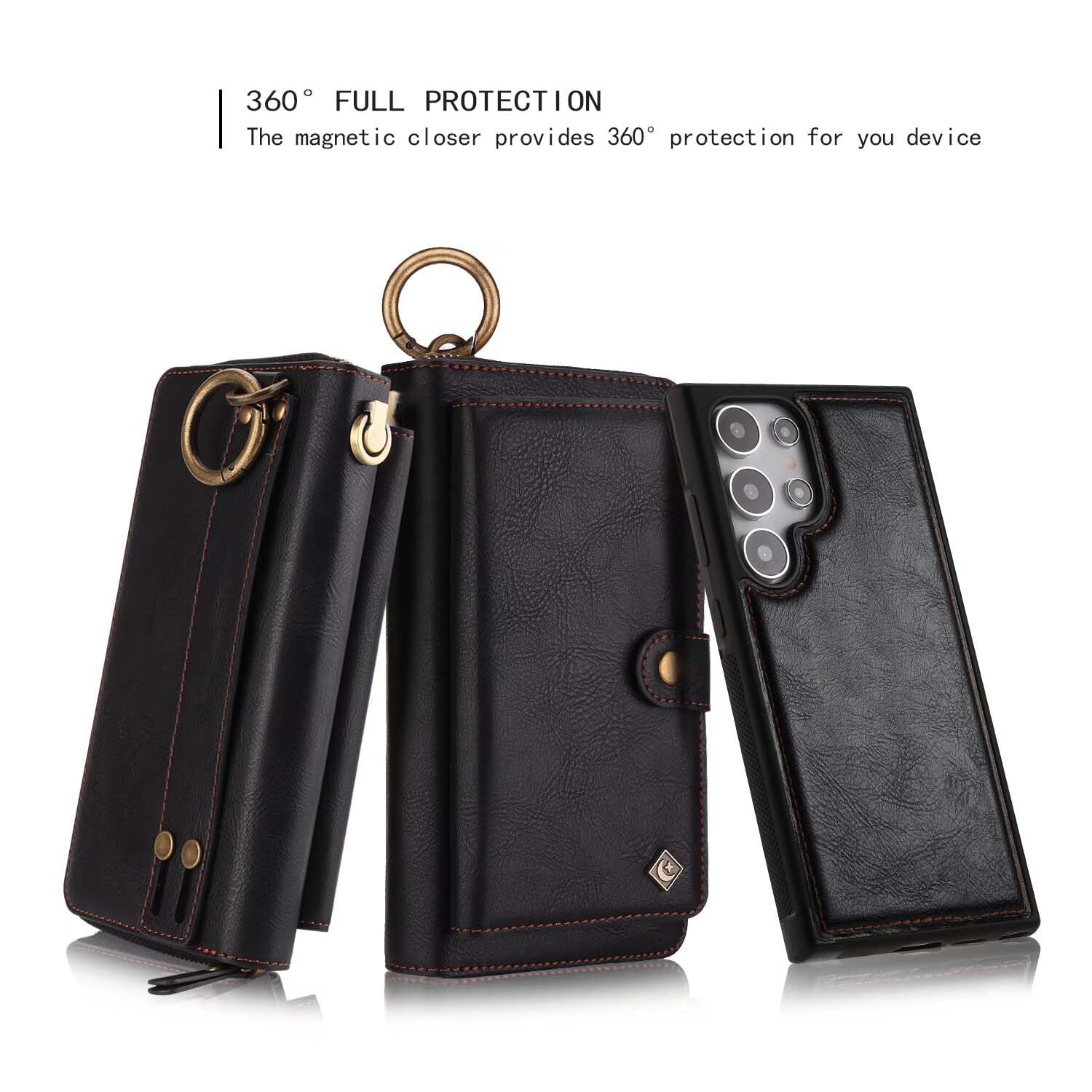 LITOU Samsung Galaxy S24 Wallet Case for Men and Women Magnetic Detachable Wristlet Clutch Zipper Leather Flip Case Black - View 2 of 8