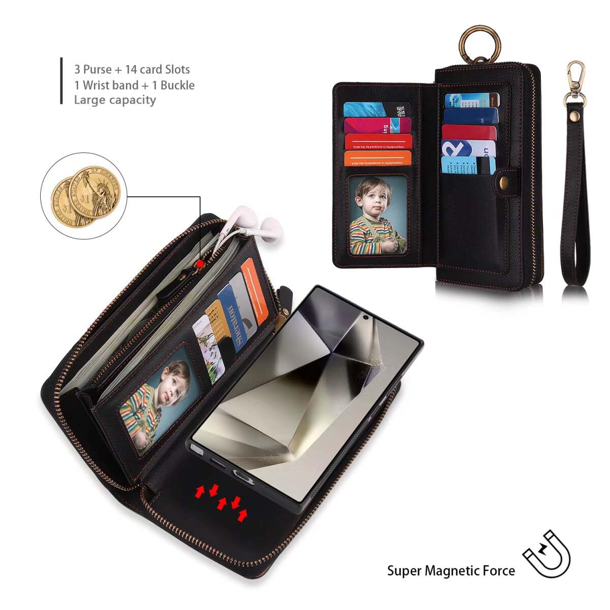 LITOU Samsung Galaxy S24 Wallet Case for Men and Women Magnetic Detachable Wristlet Clutch Zipper Leather Flip Case Black - View 4 of 8