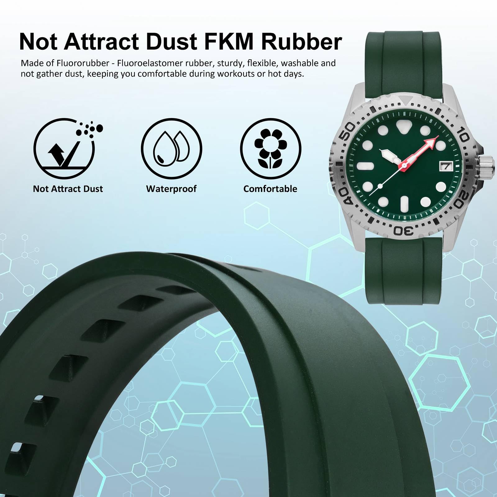 WOCCI WOCCI 22mm Hevea Watch Band FKM Rubber Quick Release Replacement Strap for Men Silver Buckle Green - View 2 of 9