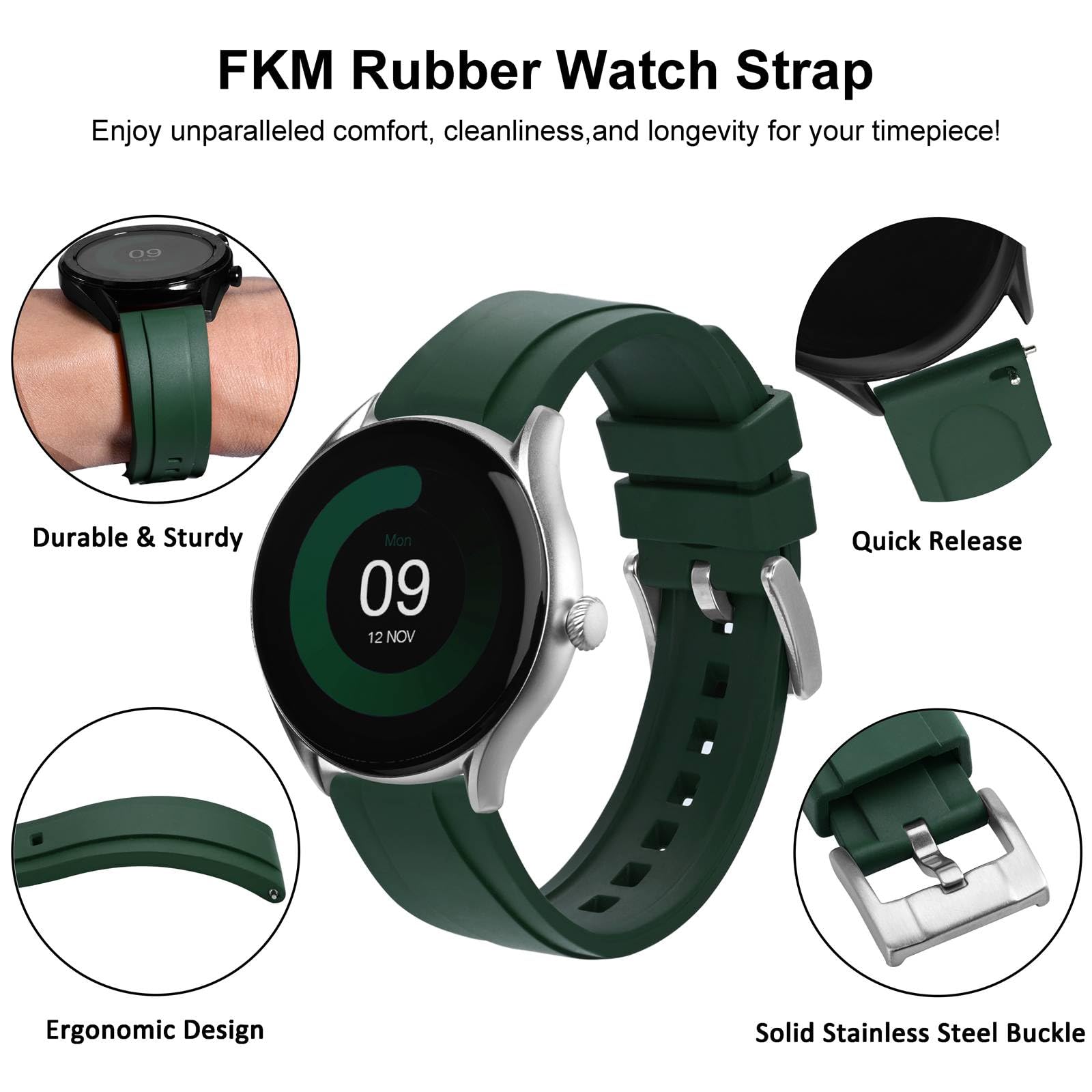WOCCI WOCCI 22mm Hevea Watch Band FKM Rubber Quick Release Replacement Strap for Men Silver Buckle Green - View 4 of 9