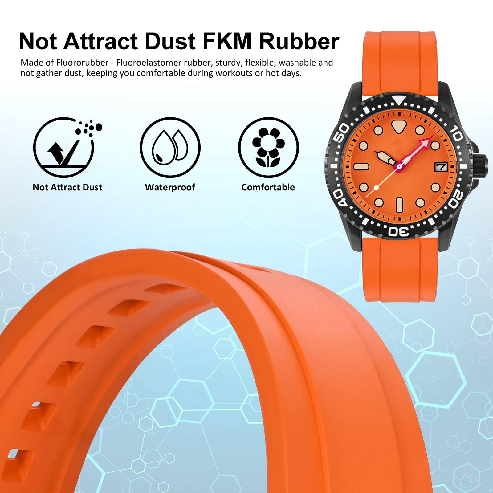 WOCCI WOCCI 24mm Hevea Watch Band FKM Rubber Quick Release Replacement Strap for Men Black Buckle Orange - View 2 of 9