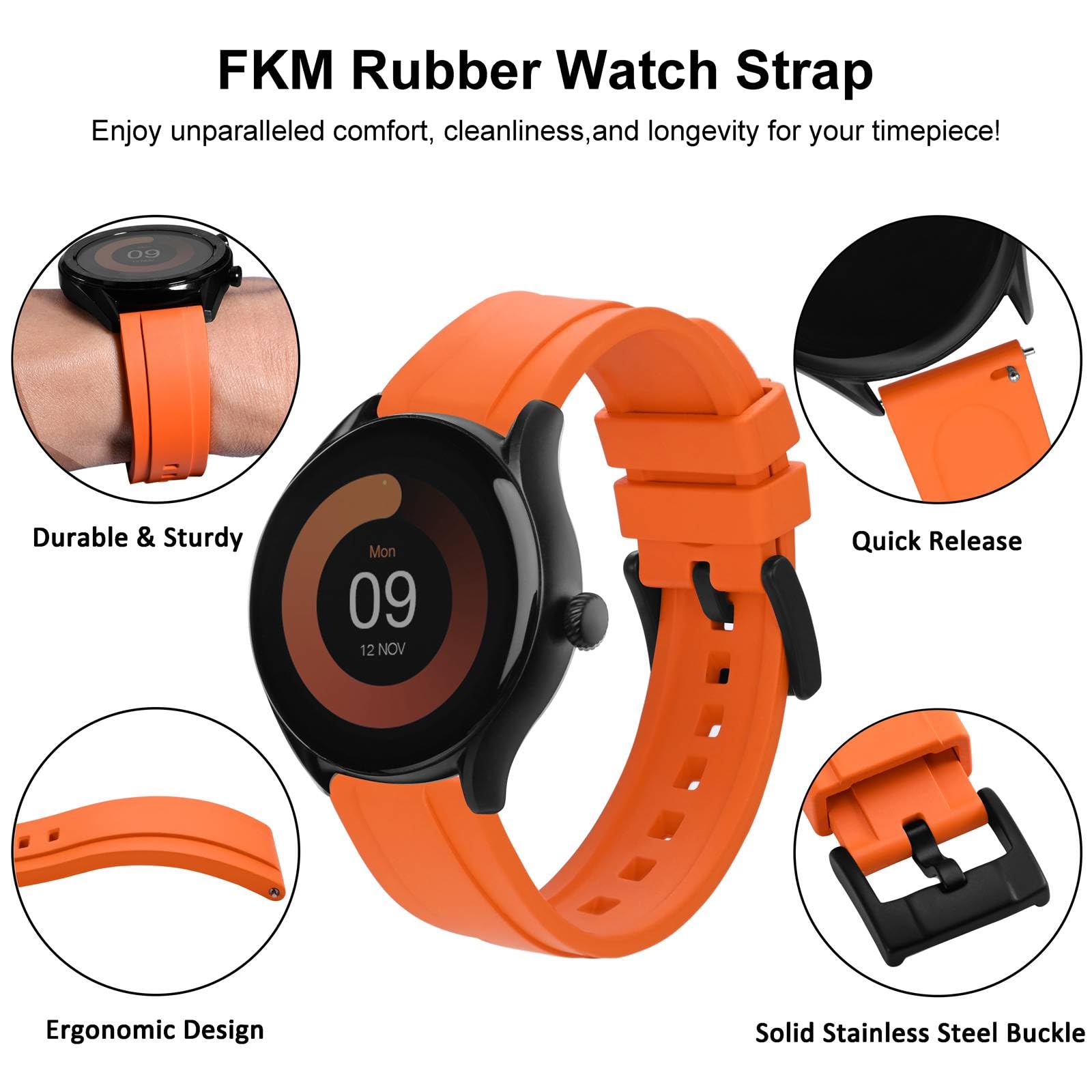 WOCCI WOCCI 24mm Hevea Watch Band FKM Rubber Quick Release Replacement Strap for Men Black Buckle Orange - View 4 of 9
