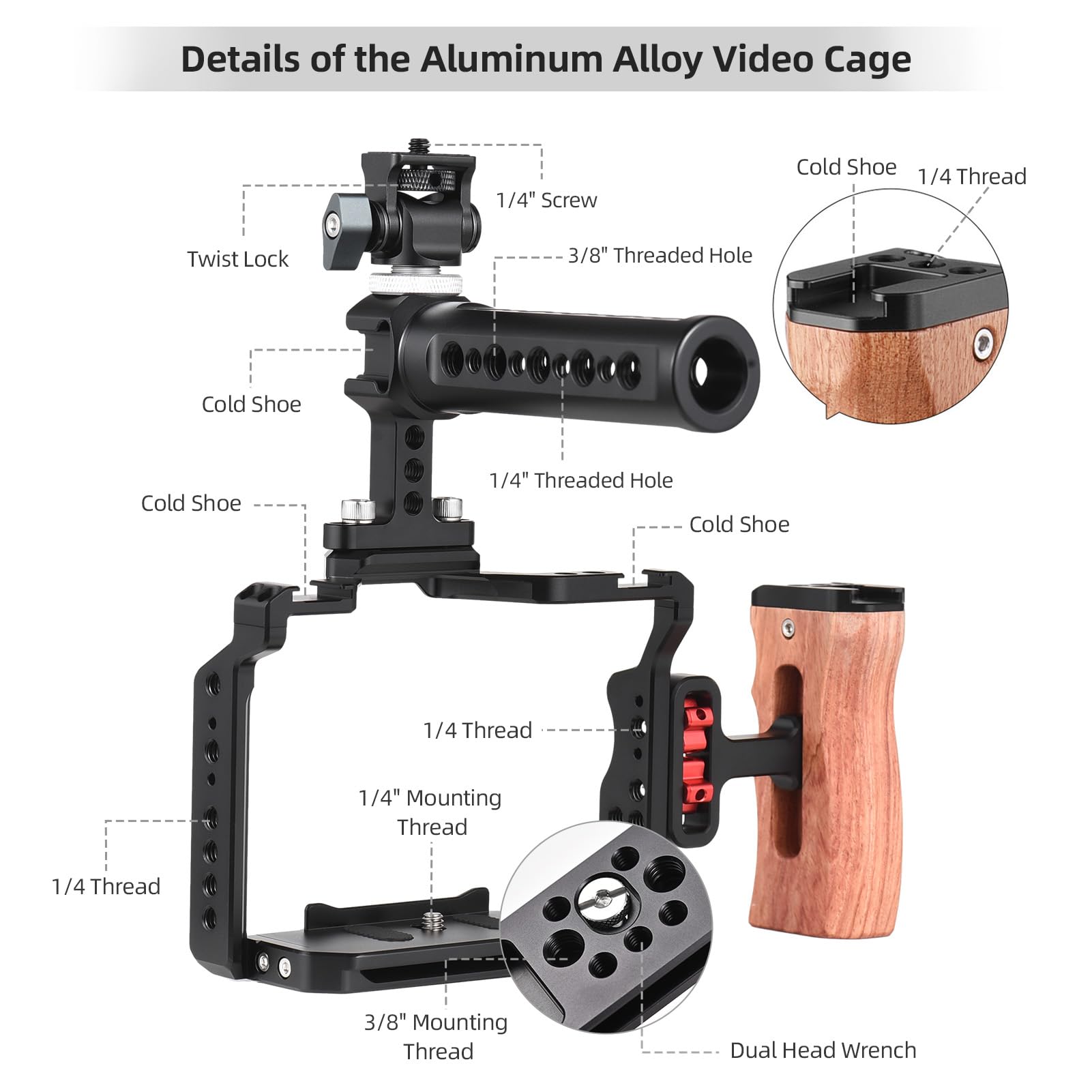 Andoer Andoer Camera Rig Stabilizer Aluminum Alloy for Sony A7IV A7III A7II A7R III A7R II A7S II with Mini Monitor Mount Camera Cage Top Handle Wooden Grip - View 3 of 7