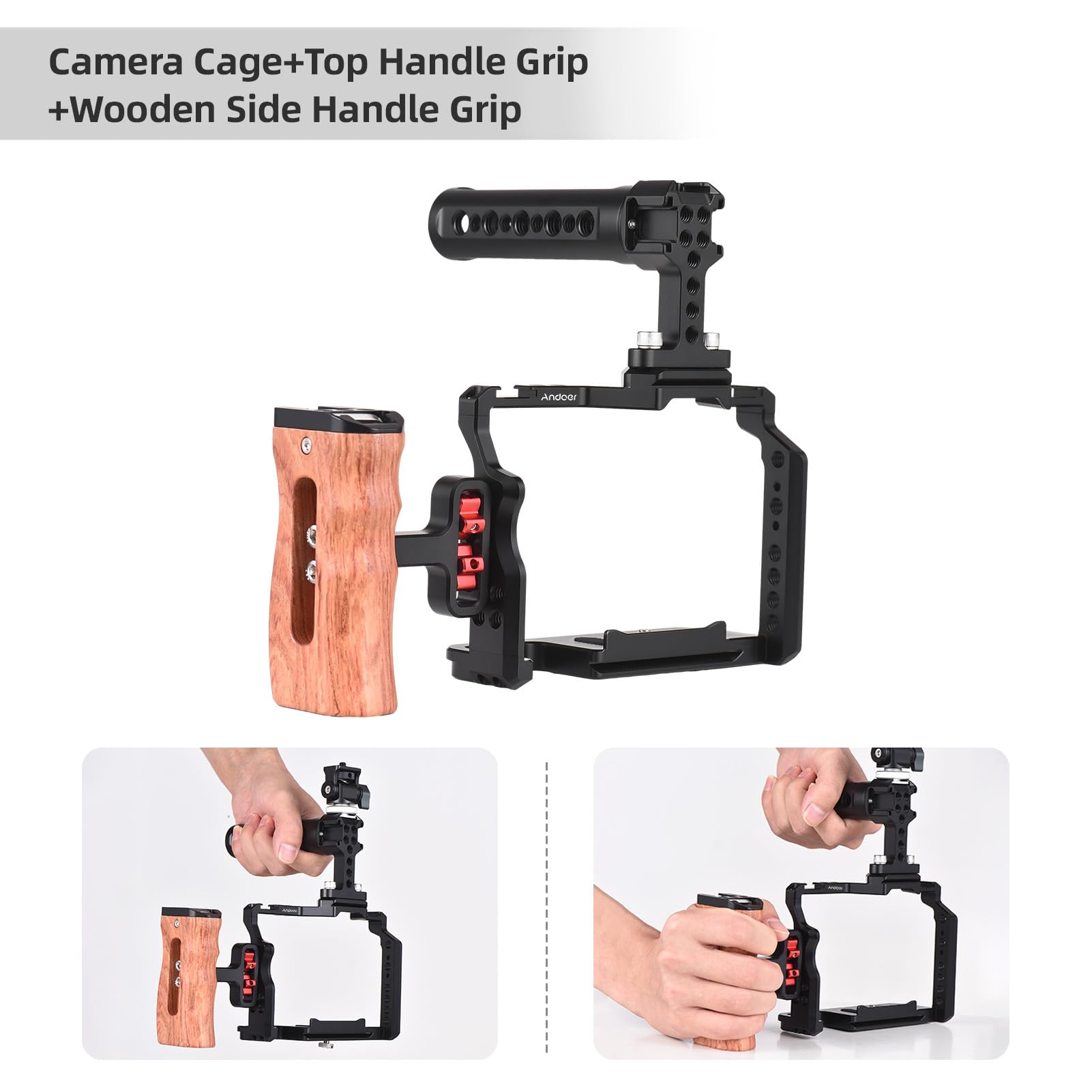 Andoer Andoer Camera Rig Stabilizer Aluminum Alloy for Sony A7IV A7III A7II A7R III A7R II A7S II with Mini Monitor Mount Camera Cage Top Handle Wooden Grip - View 4 of 7