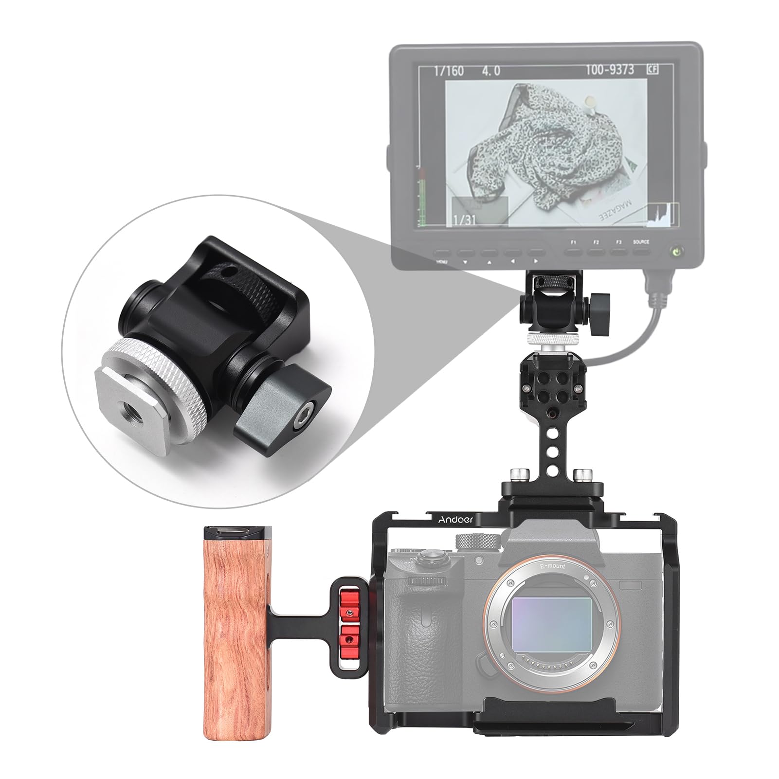 Andoer Andoer Camera Rig Stabilizer Aluminum Alloy for Sony A7IV A7III A7II A7R III A7R II A7S II with Mini Monitor Mount Camera Cage Top Handle Wooden Grip - View 6 of 7