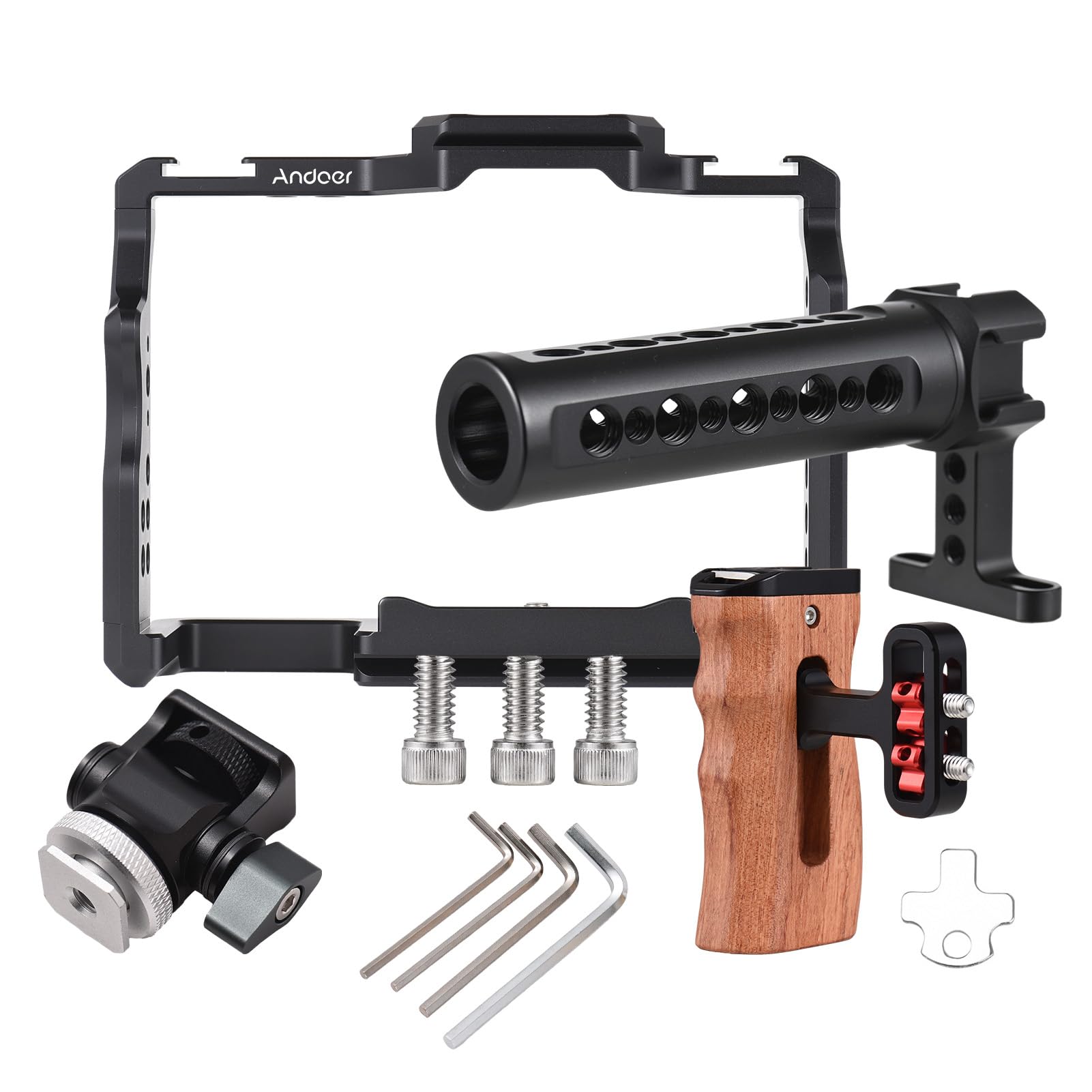 Andoer Andoer Camera Rig Stabilizer Aluminum Alloy for Sony A7IV A7III A7II A7R III A7R II A7S II with Mini Monitor Mount Camera Cage Top Handle Wooden Grip - View 7 of 7