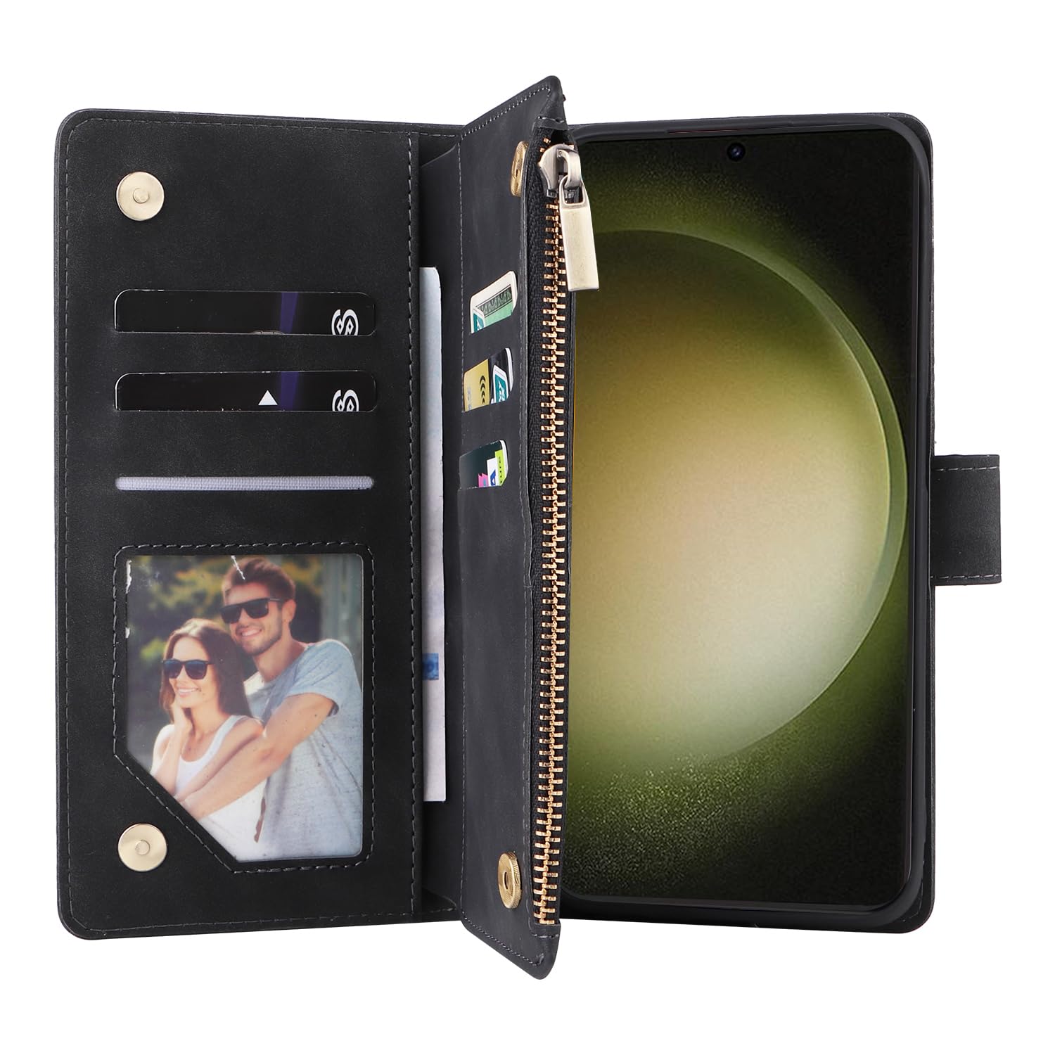 UEEBAI UEEBAI Wallet Case for Samsung Galaxy S24 Plus 5G PU Leather Magnetic Closure Handbag Zipper Pocket Kickstand Card Slots Black - View 2 of 9