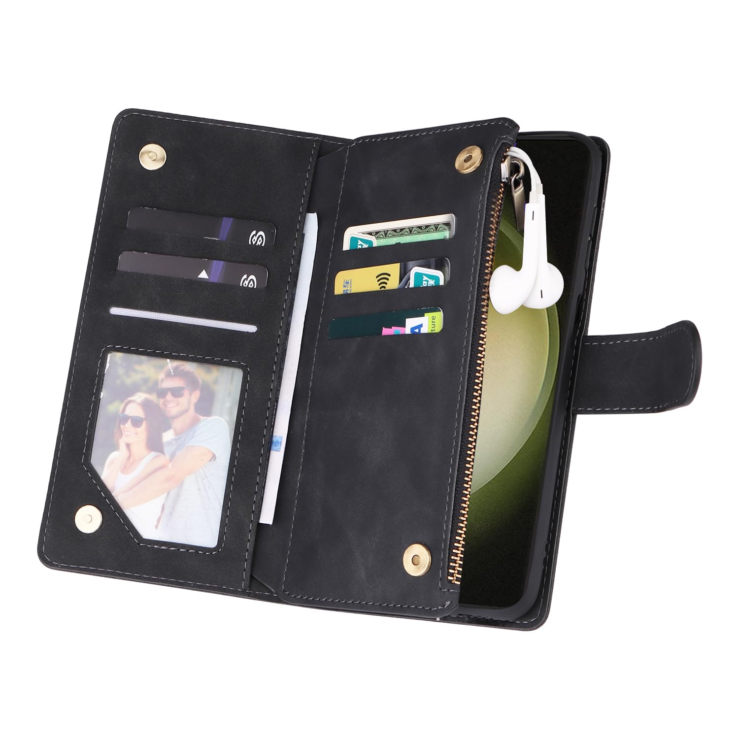 UEEBAI UEEBAI Wallet Case for Samsung Galaxy S24 Plus 5G PU Leather Magnetic Closure Handbag Zipper Pocket Kickstand Card Slots Black - View 5 of 9
