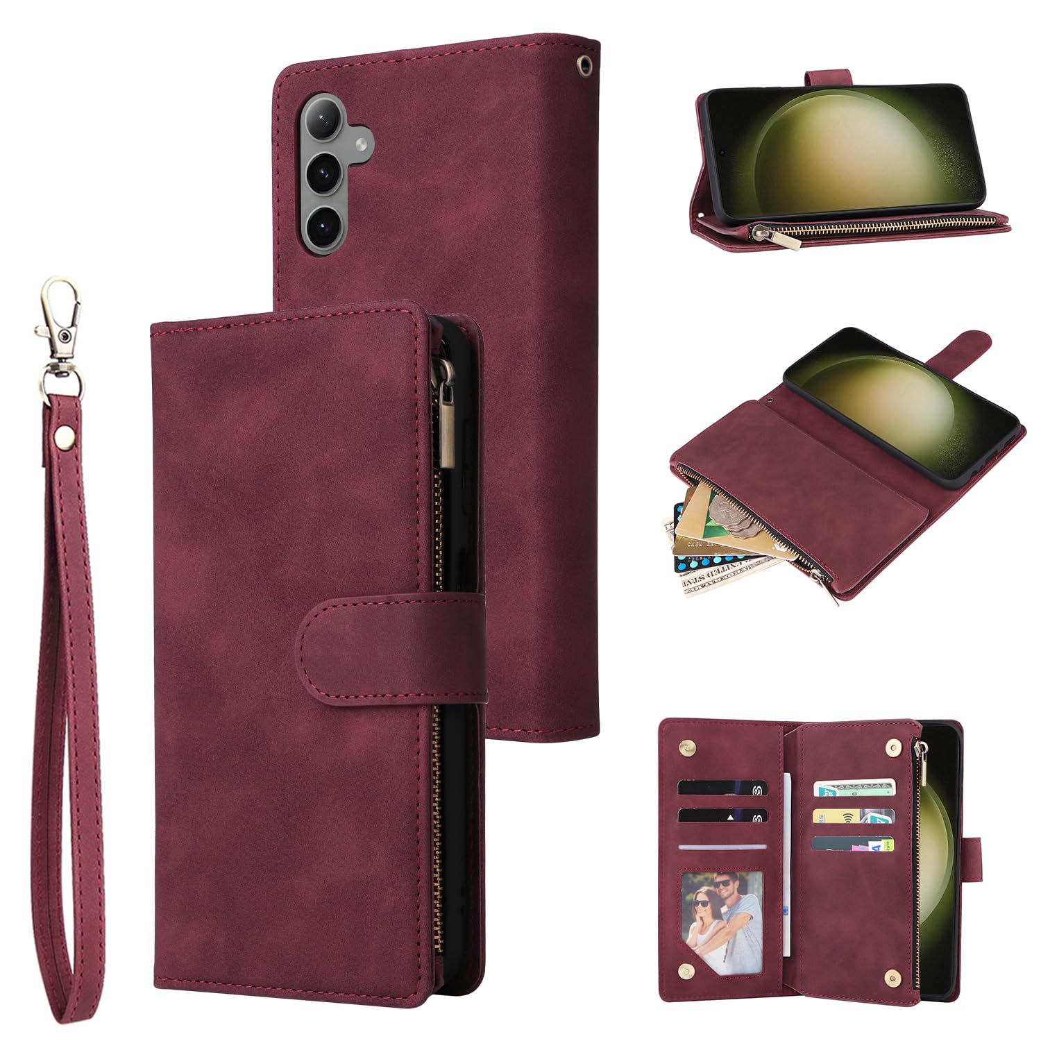 UEEBAI UEEBAI Wine Red Wallet Case for Samsung Galaxy S24 Plus 5G PU Leather Magnetic Closure Handbag with Zipper Pocket and Card Slots