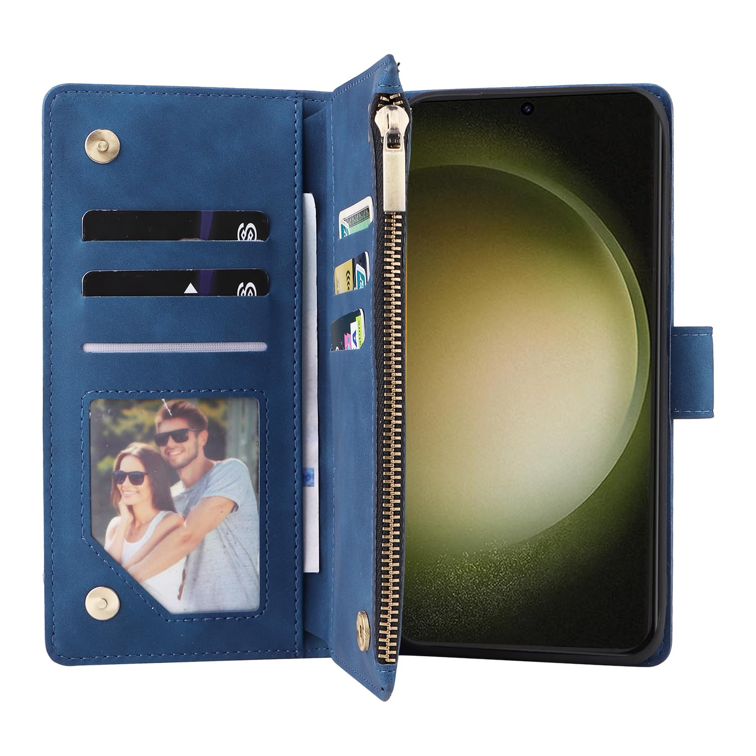 UEEBAI UEEBAI Blue Wallet Case for Samsung Galaxy S24 Plus 5G PU Leather Magnetic Closure Handbag with Zipper Pocket Card Slots and Hand Strap - View 2 of 7