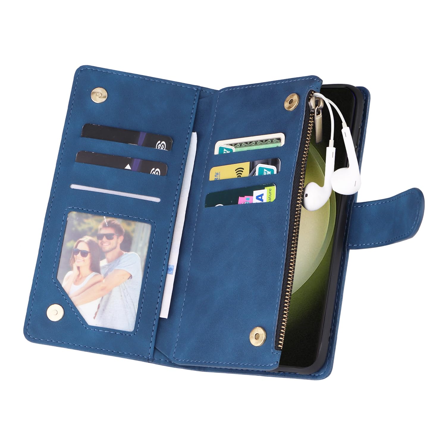 UEEBAI UEEBAI Blue Wallet Case for Samsung Galaxy S24 Plus 5G PU Leather Magnetic Closure Handbag with Zipper Pocket Card Slots and Hand Strap - View 3 of 7